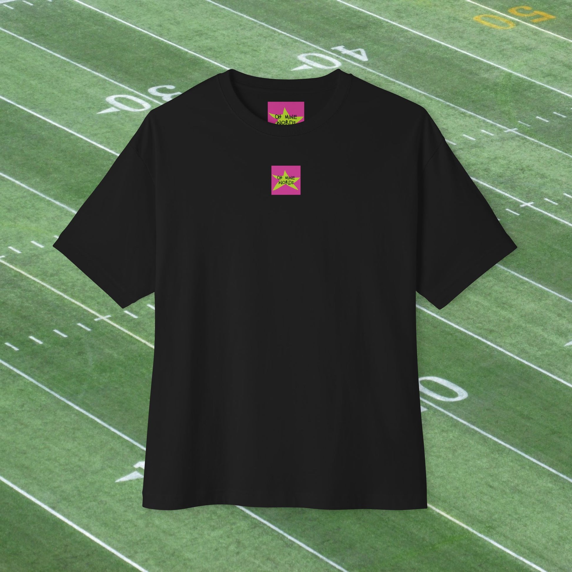Front view, Oh Mine Words Brand Logo Screen, of Unisex Oversized "Classic American Football (Black)" T-shirt - Unique Fashion Tops Design for 4th of July, Front and Back Print - Oh Mine Words.