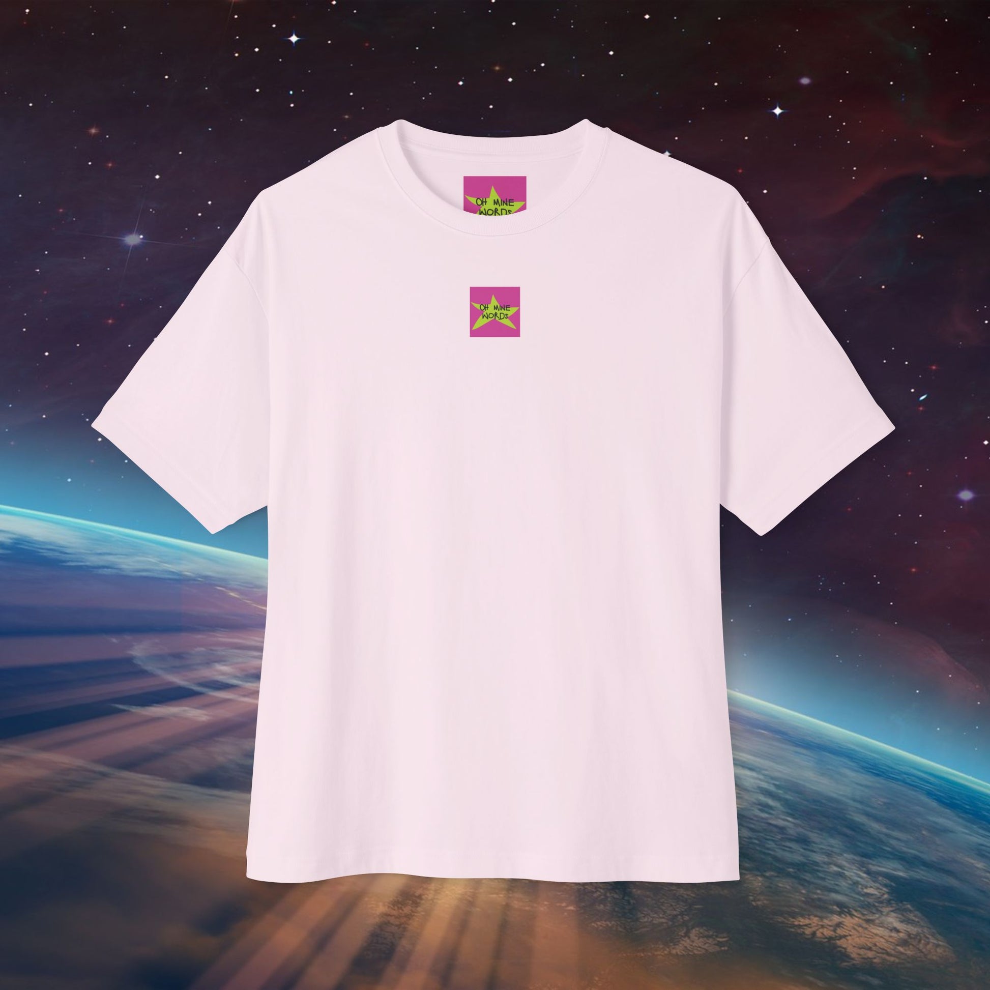 Front view, Oh Mine Words Brand Logo Screen, of Unisex Oversized "My Dad Is Awesome" Soft Pink T-shirt, Hand-Drawn design with inner child spirits – Unique Fashion Tops - Front and Back Print.