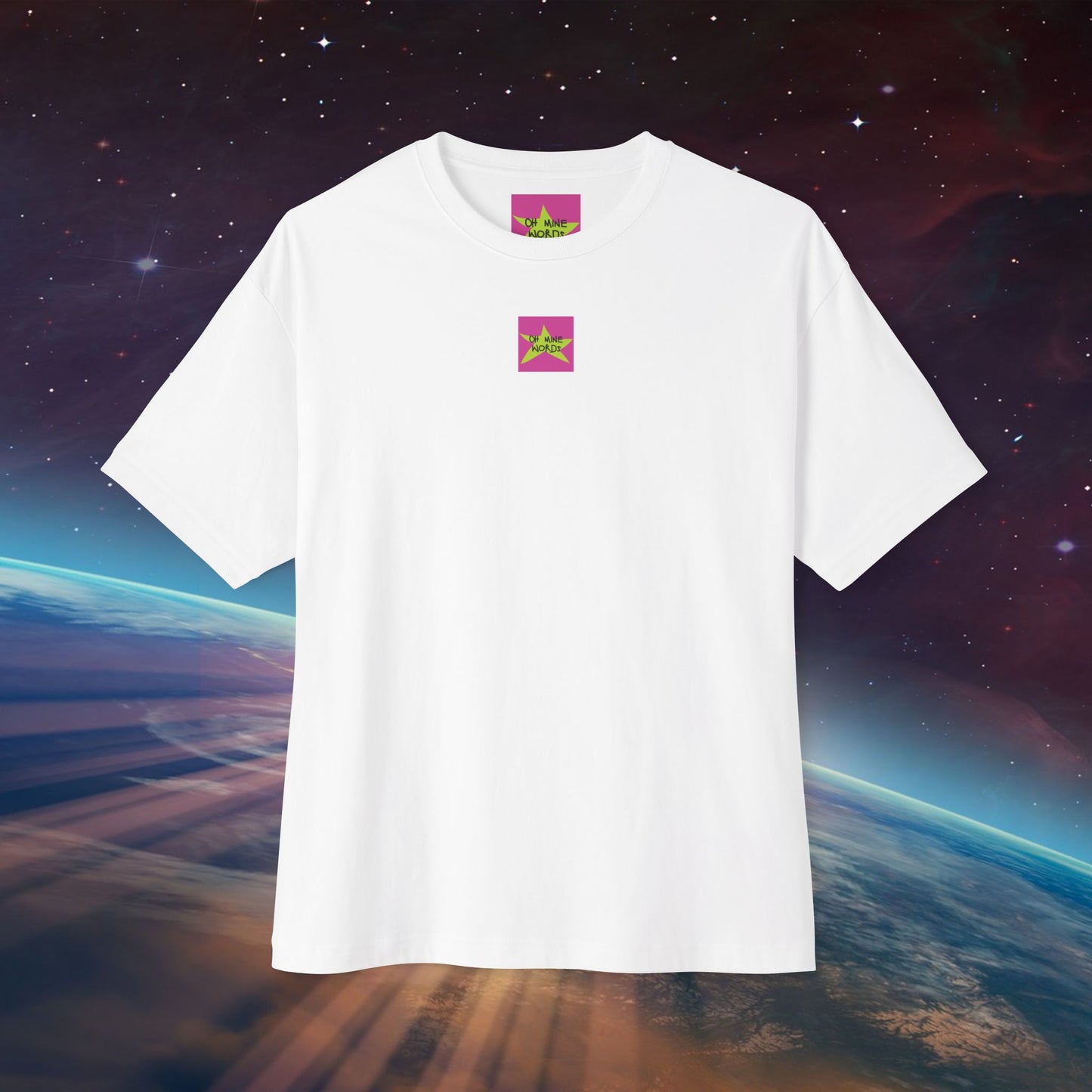 Front view, Oh Mine Words Brand Logo Screen, of Unisex Oversized "My Dad Is Awesome" White T-shirt, Hand-Drawn design with inner child spirits – Unique Fashion Tops - Front and Back Print.