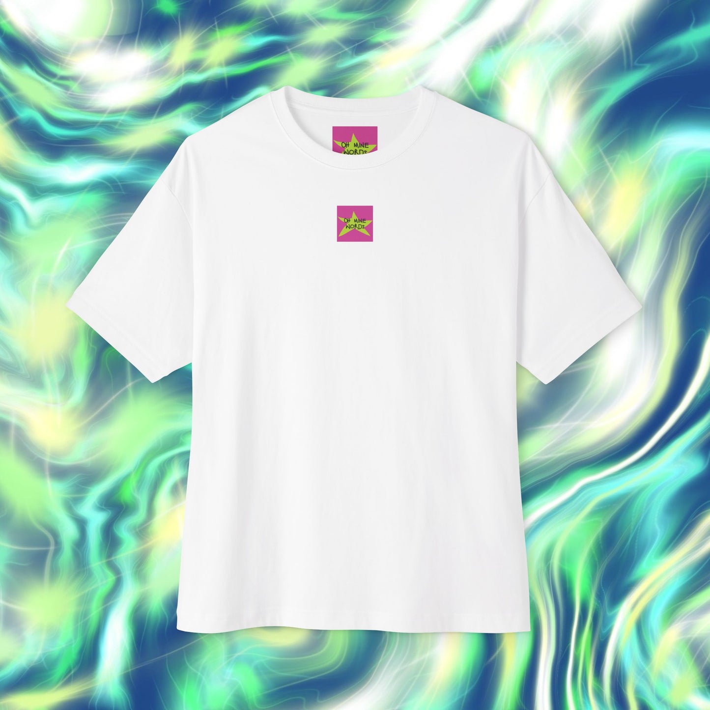 Front view, Oh Mine Words Brand Logo Screen of Unisex Oversized "My Only Job Is Being Cute (23-Style)" White T-shirt, Bulldog wears highlight Pink Wig, Y2K Style, Funny Tee – Unique Fashion Tops - Front and Back Print.