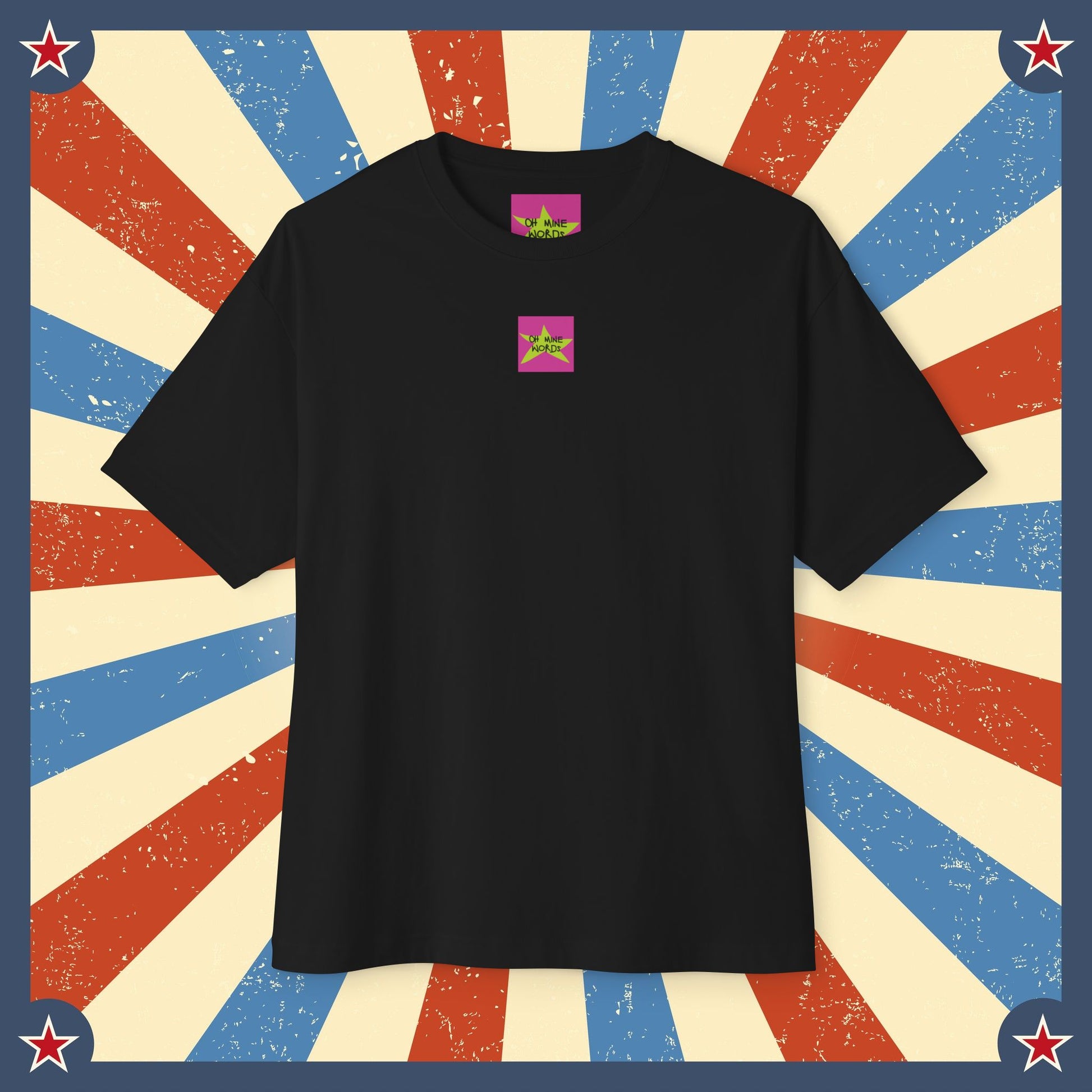 Front view, Oh Mine Words Brand Logo Screen, of Unisex Oversized "Stars and Stripes Forever" Black T-shirt - Unique Fashion Tops, Design for 4th of July, Classic, Vintage and Old-School - Front and Back Print.