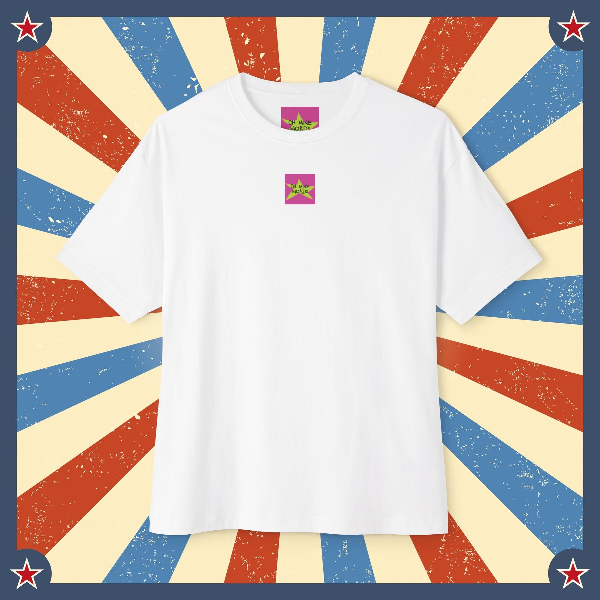 Front view, Oh Mine Words Brand Logo Screen, of Unisex Oversized "Stars and Stripes Forever" White T-shirt - Unique Fashion Tops, Design for 4th of July, Classic, Vintage and Old-School - Front and Back Print.