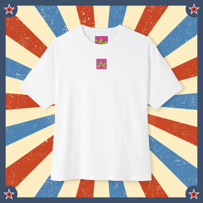 Front view, Oh Mine Words Brand Logo Screen, of Unisex Oversized "Stars and Stripes Forever" White T-shirt - Unique Fashion Tops, Design for 4th of July, Classic, Vintage and Old-School - Front and Back Print.