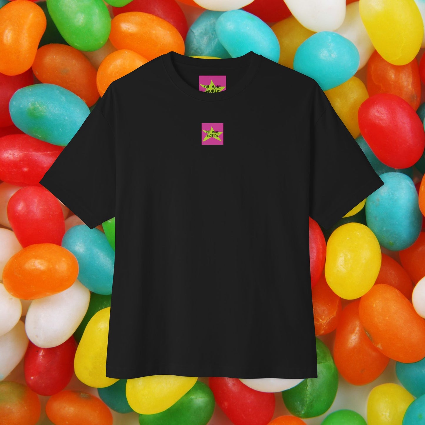 Front view, Oh Mine Words Brand Logo Screen, of Unisex Oversized "Vanilla & Cherries" Black T-shirt - Unique Fashion Tops for 4th of July, Front and Back Print.