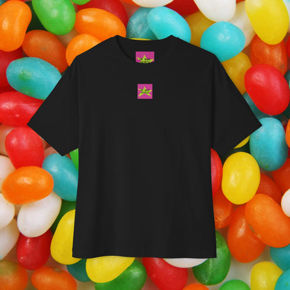 Front view, Oh Mine Words Brand Logo Screen, of Unisex Oversized "Vanilla & Cherries" Black T-shirt - Unique Fashion Tops for 4th of July, Front and Back Print.
