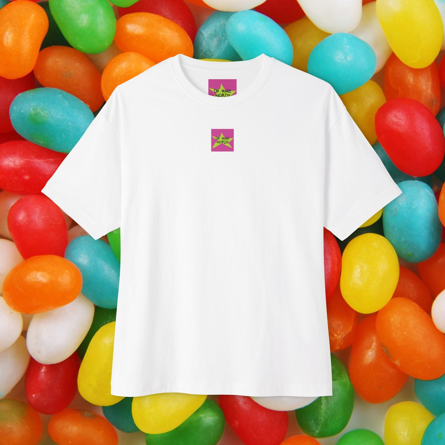 Front view, Oh Mine Words Brand Logo Screen, of Unisex Oversized "Vanilla & Cherries" White T-shirt - Unique Fashion Tops for 4th of July, Front and Back Print.