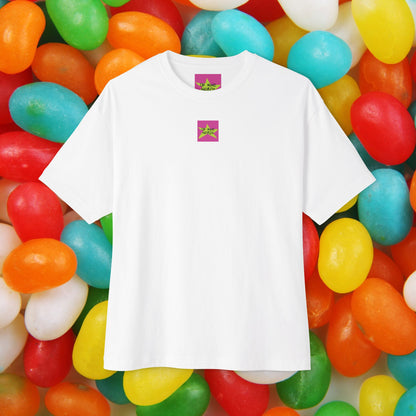 Front view, Oh Mine Words Brand Logo Screen, of Unisex Oversized "Vanilla & Cherries" White T-shirt - Unique Fashion Tops for 4th of July, Front and Back Print.