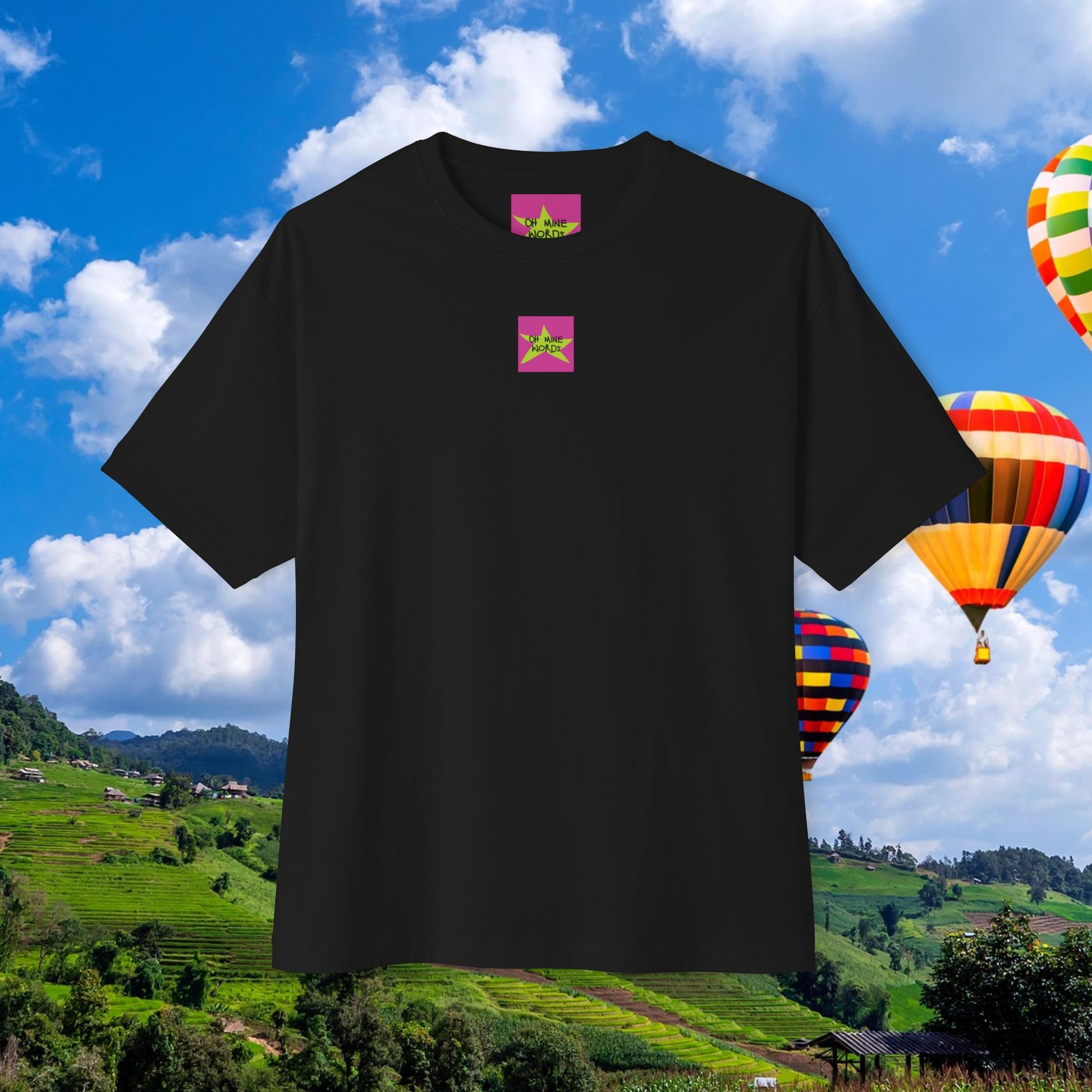 Front view, Oh Mine Words Brand Logo Screen, of unisex oversized "Being An Adult Means.. (Black)" t-shirt - unique fashion tops, red roses frame, y2k style, sky and rainbow, funny quote for Adulthood and Mother's Day - Front and Back Print.