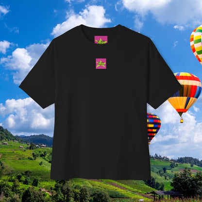 Front view, Oh Mine Words Brand Logo Screen, of unisex oversized "Being An Adult Means.. (Black)" t-shirt - unique fashion tops, red roses frame, y2k style, sky and rainbow, funny quote for Adulthood and Mother's Day - Front and Back Print.