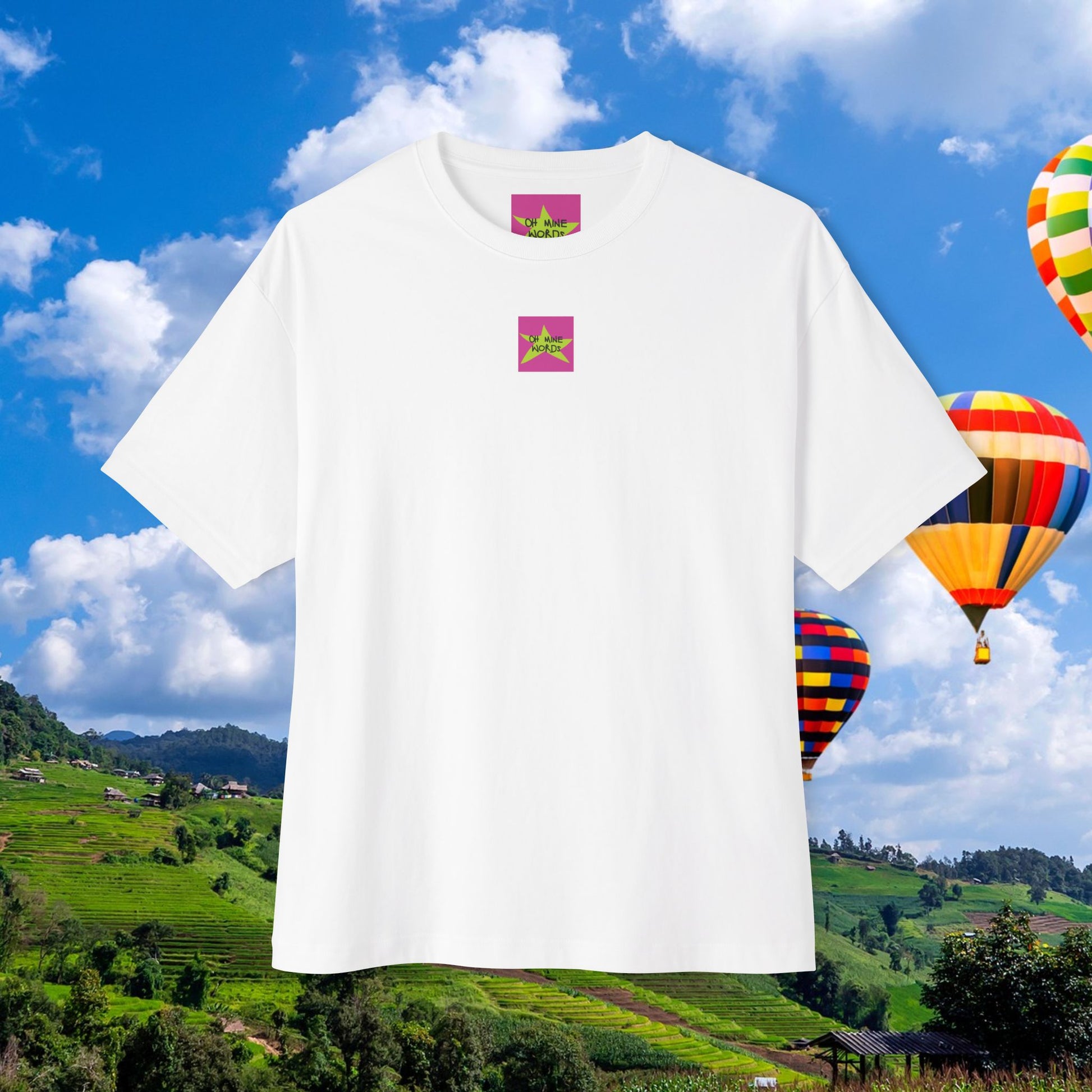Front view, Oh Mine Words Brand Logo Screen, of unisex oversized "Being An Adult Means.. (White)" t-shirt - unique fashion tops, rose image, funny quote for Adulthood and Mother's Day - Front and Back Print.
