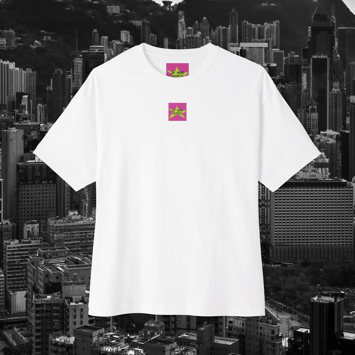Front view, Oh Mine Words Brand Logo Screen, of unisex oversized "If Lost, Call Mom. If Found, Call Her Anyway." white t-shirt - Unique Fashion Tops, funny and heartfelt quote design for adulthood and Mother's day - front and back print.