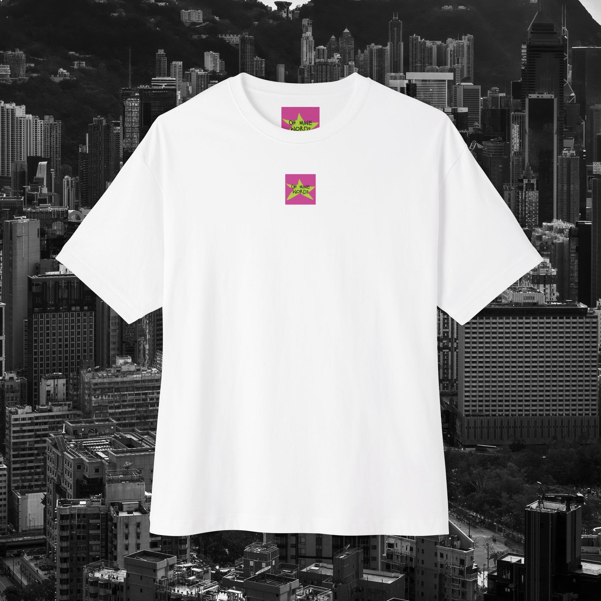 Front view, Oh Mine Words Brand Logo Screen, of unisex oversized "If Lost, Call Mom. If Found, Call Her Anyway." white t-shirt - Unique Fashion Tops, funny and heartfelt quote design for adulthood and Mother's day - front and back print.