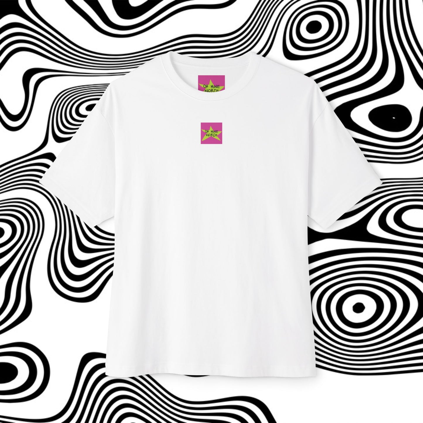 Front view, Oh Mine Words Brand Logo Screen, of unisex oversized "Nothing is truly lost until Mom can't find it (White)" t-shirt - unique fashion tops - funny quote for Adulthood and Mother's day - Front and Back Print.
