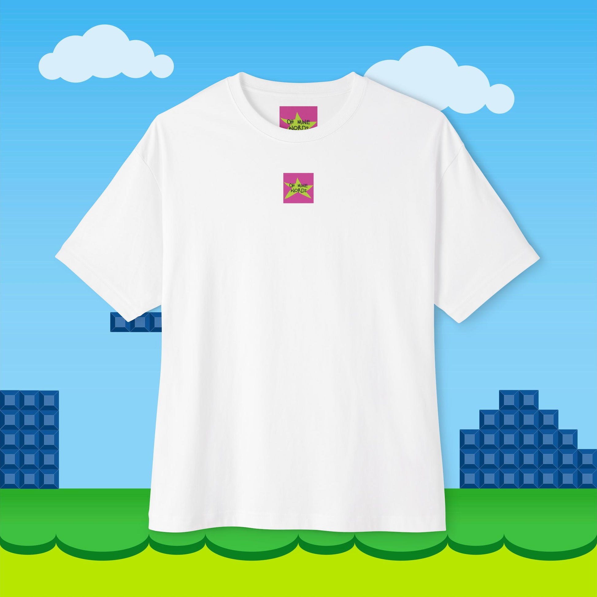 Front view, Oh Mine Words Brand Logo Screen, of unisex oversized "Raising kids is like nailing Jell-O to a tree" white t-shirt - unique fashion tops, funny quote, abstract art, cool design for Adulthood, Parents, Dad, Mom - Front and Back Print. 