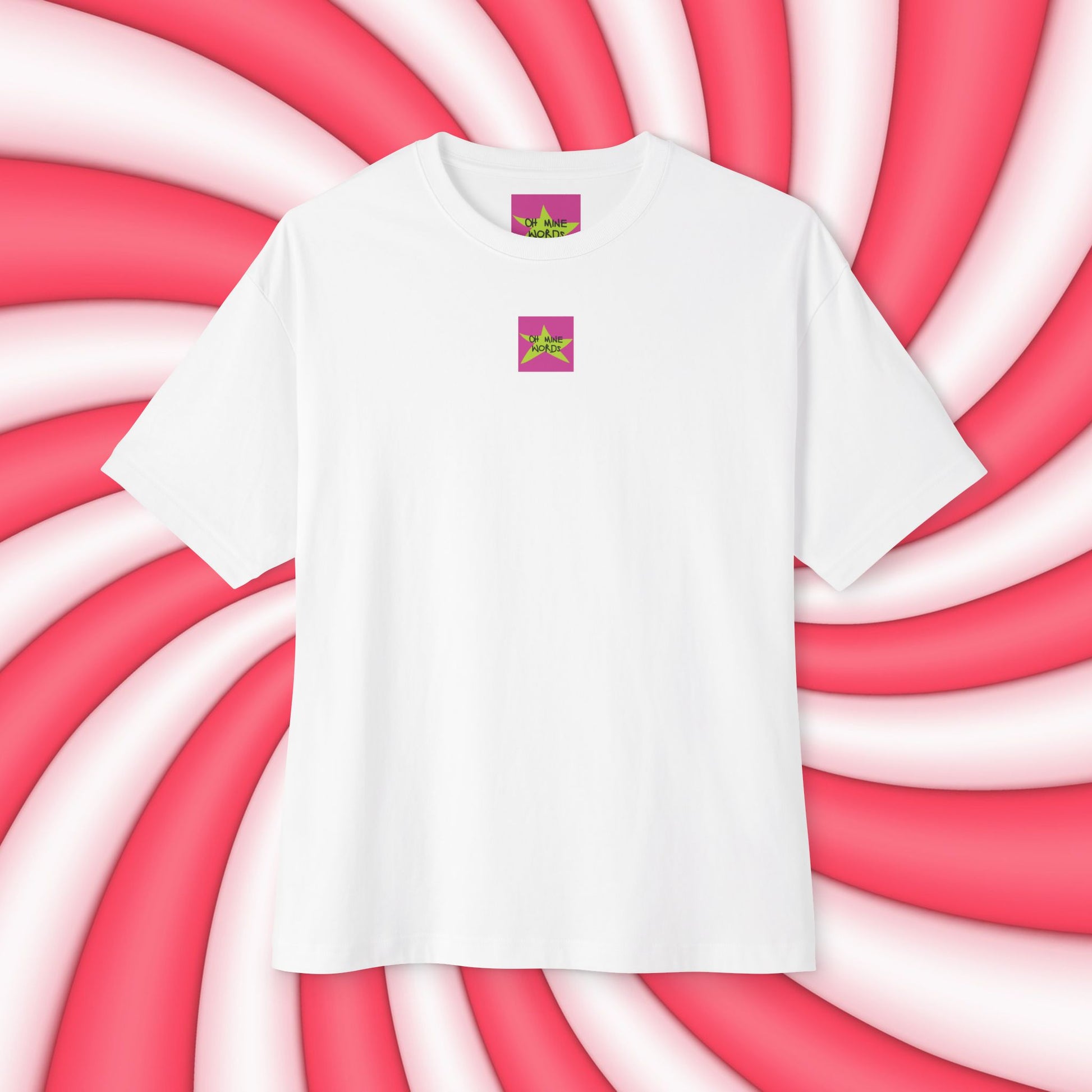 Front view, Oh Mine Words Brand Logo Screen, of unisex oversized "Surviving Motherhood One Meltdown At A Time (White)" t-shirt - unique fashion tops, funny quote, Ice cream melt down for A Mom and Mother's day - Front and Back Print.