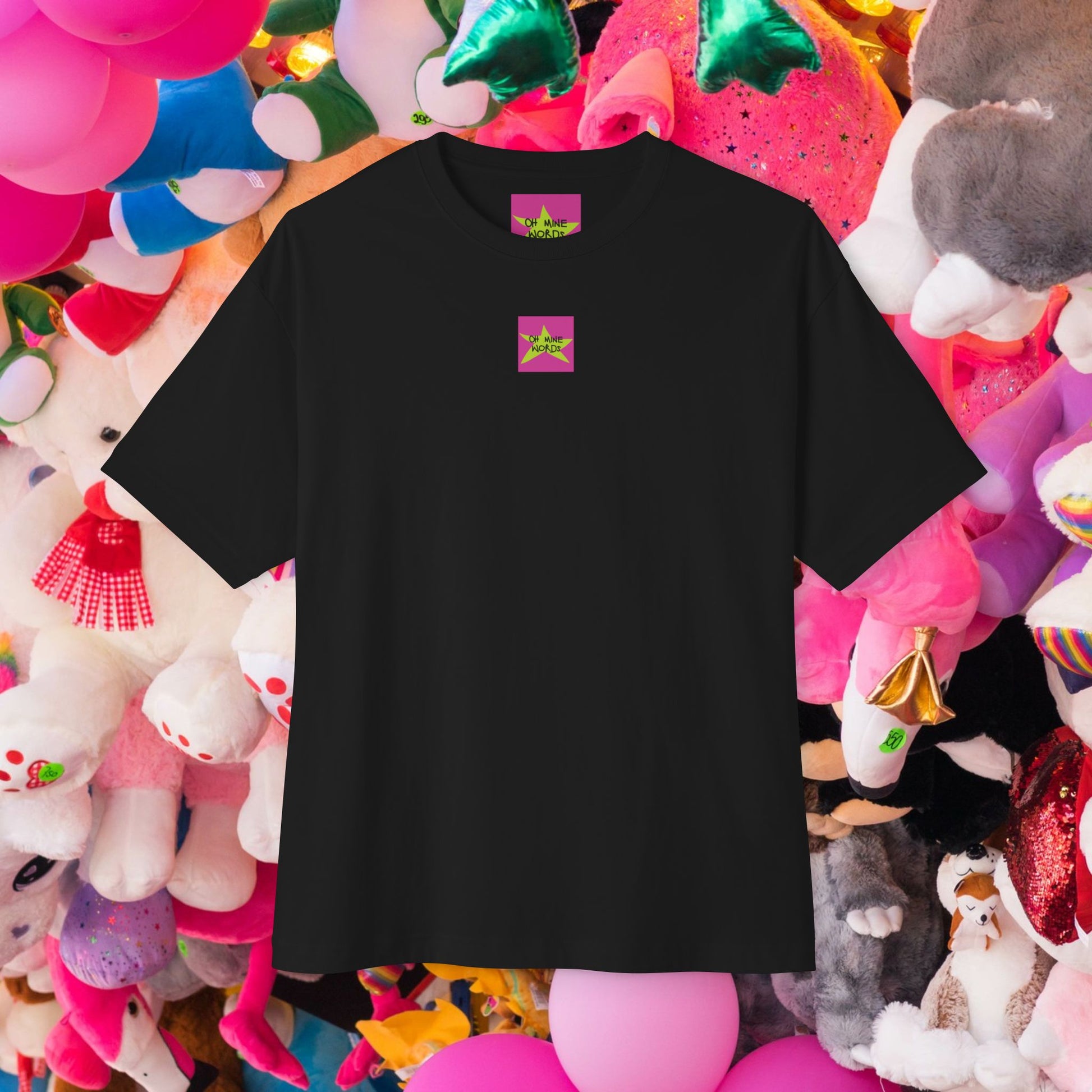 Front view, Oh Mine Words Brand Logo Screen, of unisex oversized "There's no way to be a perfect mom" black t-shirt - unique fashion tops - cool mom, funny quote, moo, cow - Motherhood, Mother's day - Front and Back Print.