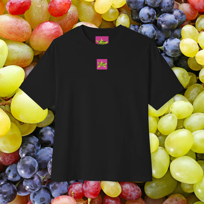Front view, Oh Mine Words Brand Logo Screen, of unisex oversized "Wine flies when you're a mom (Black)" t-shirt - unique fashion tops, funny quote, cool design for A Mom and Mother's day - Front and Back Print.