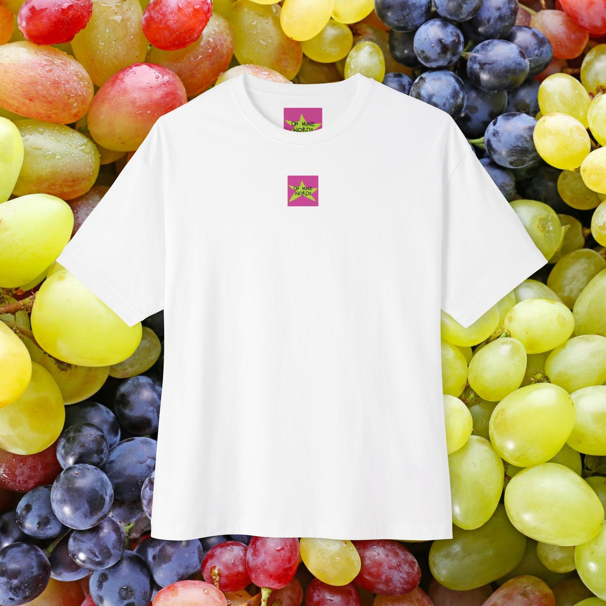 Front view, Oh Mine Words Brand Logo Screen, of unisex oversized "Wine flies when you're a mom (White)" t-shirt - unique fashion tops, funny quote, cool design for A Mom and Mother's day - Front and Back Print.