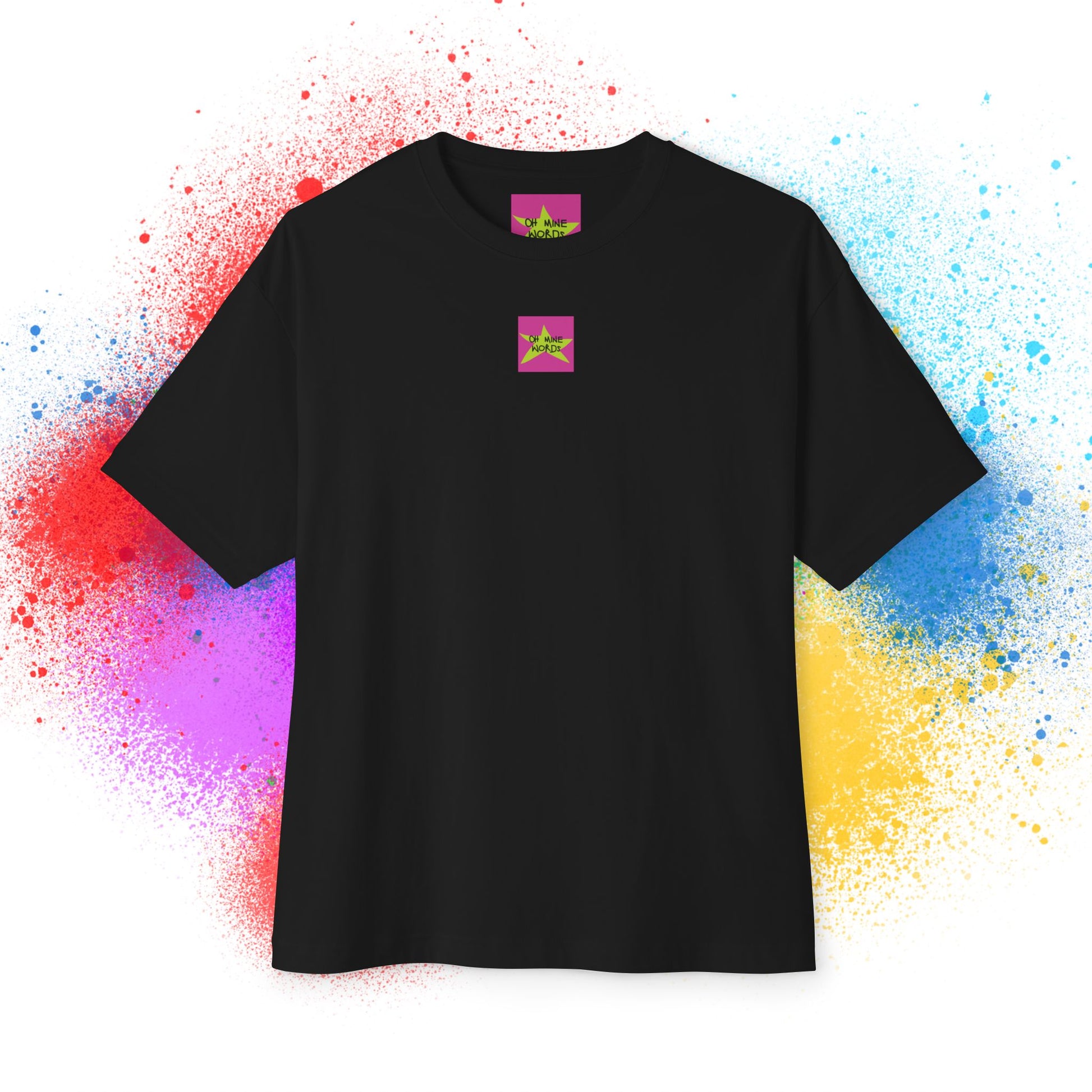 Front view, Oh Mine Words Brand Logo Screen, of unisex oversized "Without mom, I'd still be looking for my keys" black t-shirt - Unique Fashion Tops, Heartfelt and funny quote tee for adulthood and Mother's day - front and back print.