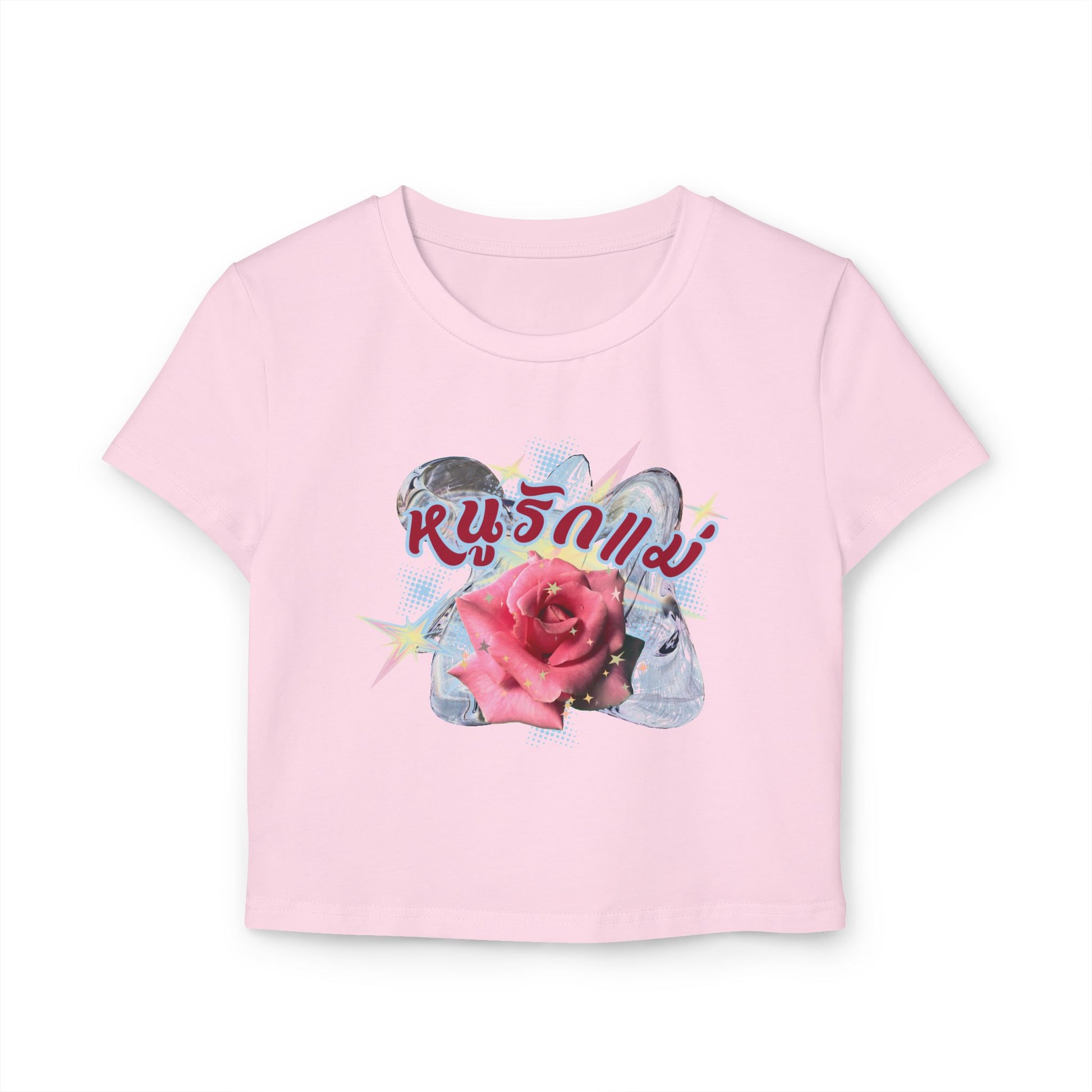 Front view of "หนูรักแม่ เบบี้ที (ดอกกุหลาบ) - I Love Mom Baby Tee (Rose)" light pink baby tee/ crop top/ slim fit tee - Unique fashion tops perfect for casual wear and Mother's day - Thai twist Y2k style - Front and Back printed t-shirt - Oh Mine Words