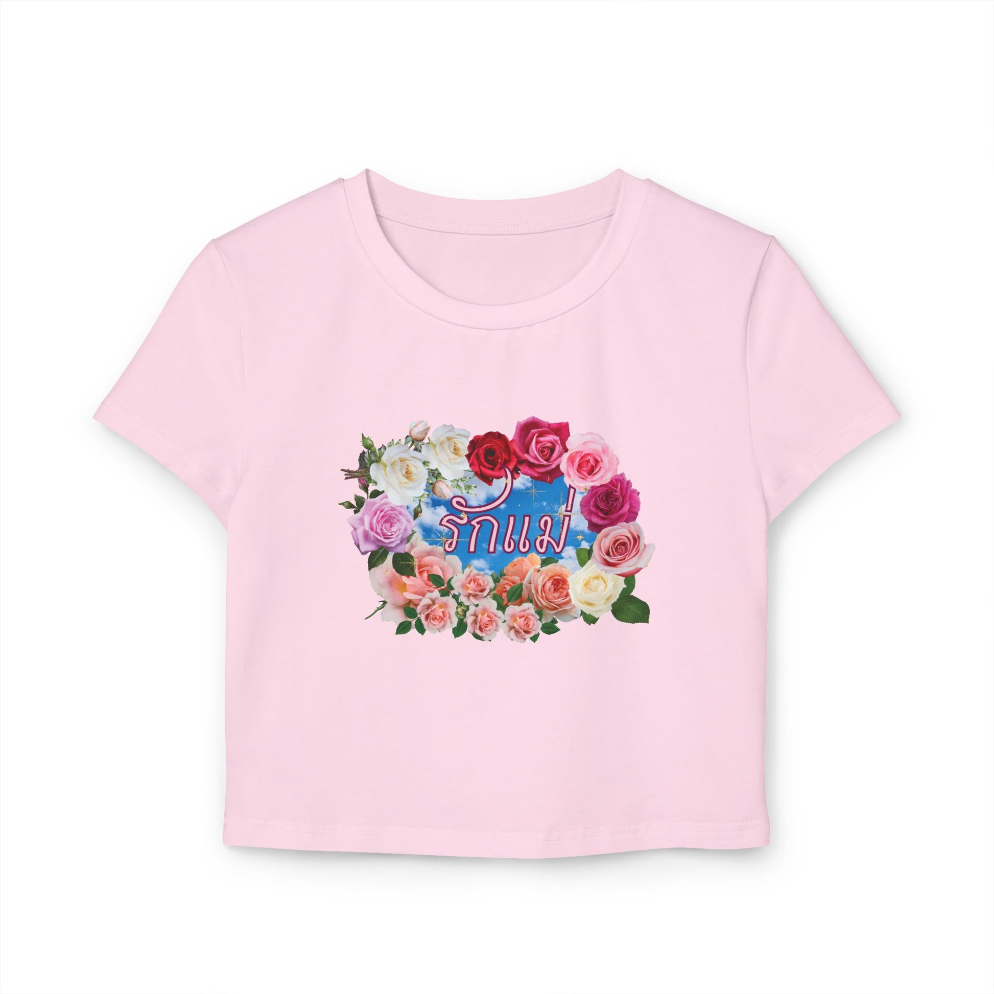 Front view of "รักแม่ เบบี้ที (วงดอกกุหลาบ) - Love Mom Baby Tee (Roses Circle)" light pink baby tee/ crop top/ slim fit tee - Unique fashion tops for casual wear and Mother's day - Thai twist Y2k style - Front and Back printed T-shirt - Oh Mine Words