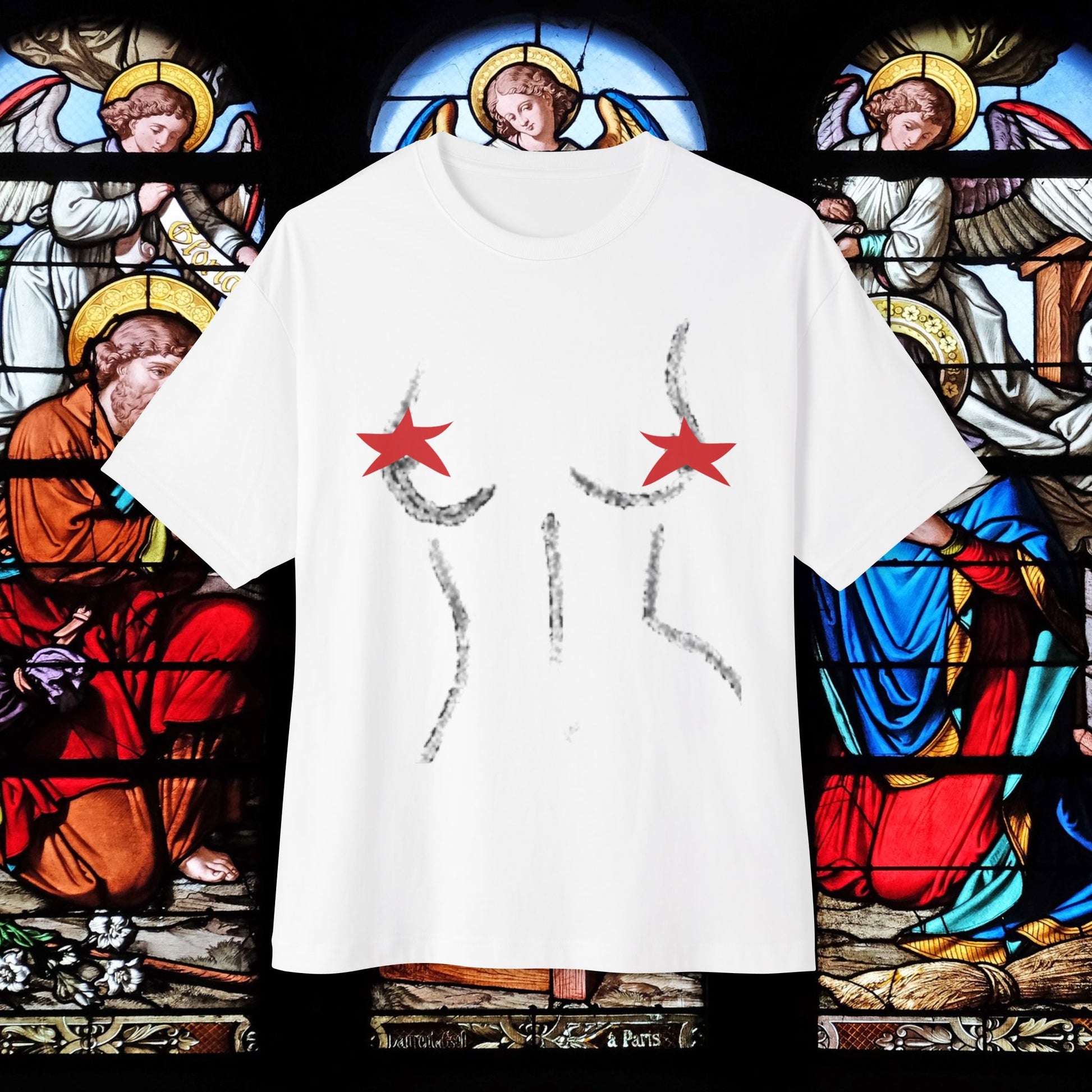Front view of "Curvyvivi" unisex oversized white T-shirt at Front View - Unique fashion tops, Artistic and standout perfect for Teens. Front and Back printed - Oh Mine Words