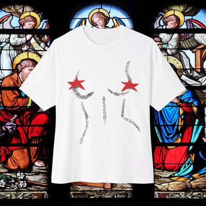 Front view of "Curvyvivi" unisex oversized white T-shirt at Front View - Unique fashion tops, Artistic and standout perfect for Teens. Front and Back printed - Oh Mine Words