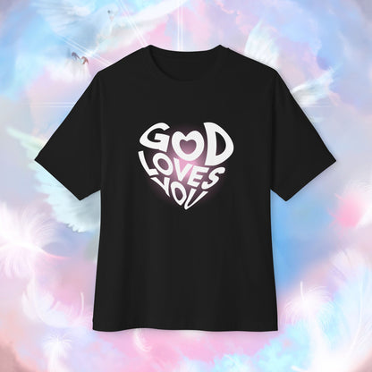 Front view of "God Loves You" unisex oversized black t-shirt. Unique fashion tops - cute Y2k, good vibe tee. Front and back printed - Oh Mine Words