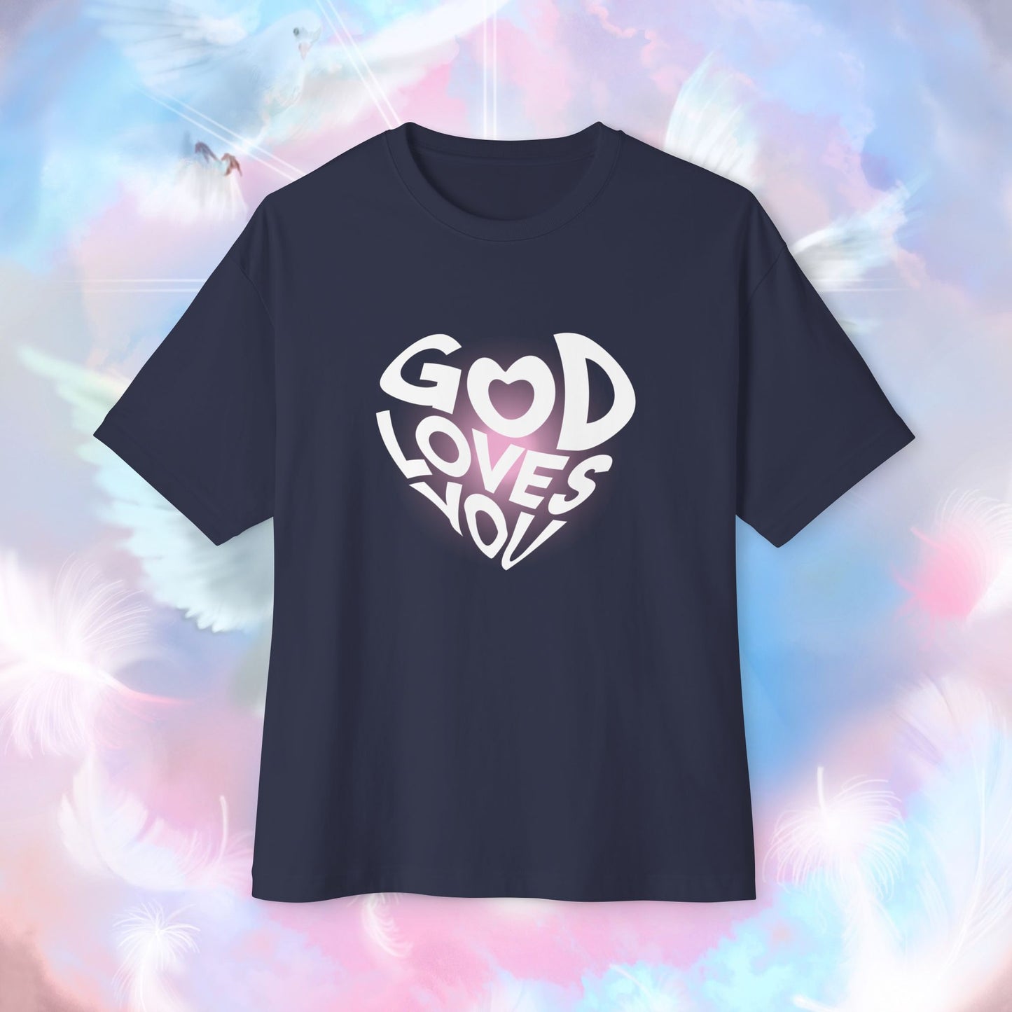 Front view of "God Loves You" unisex oversized navy t-shirt. Unique fashion tops - cute Y2k, good vibe tee. Front and back printed - Oh Mine Words
