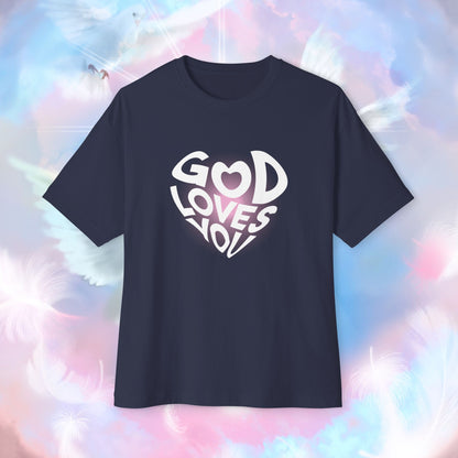 Front view of "God Loves You" unisex oversized navy t-shirt. Unique fashion tops - cute Y2k, good vibe tee. Front and back printed - Oh Mine Words