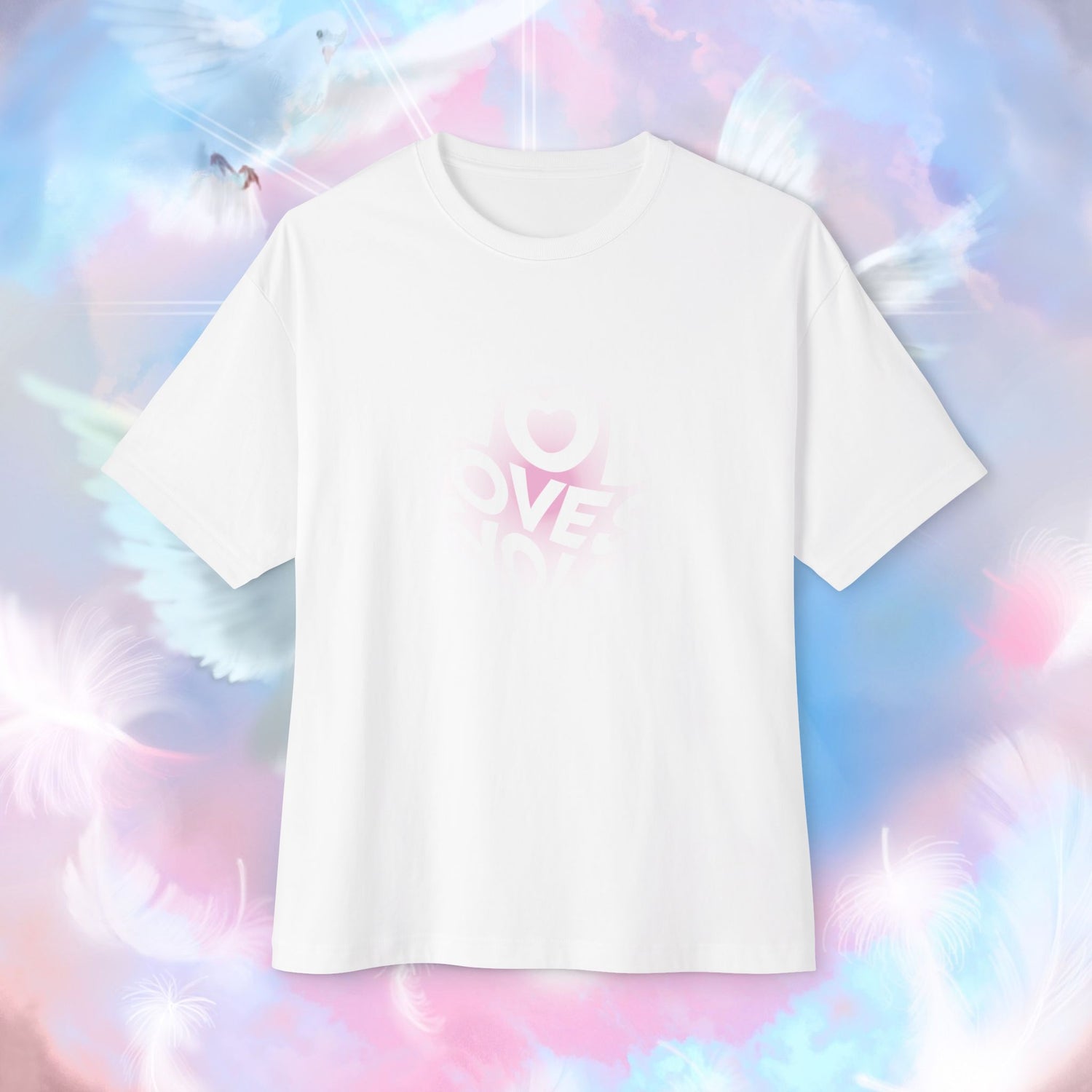 Front view of "God Loves You" unisex oversized white t-shirt. Unique fashion tops - cute Y2k, good vibe tee. Front and back printed - Oh Mine Words