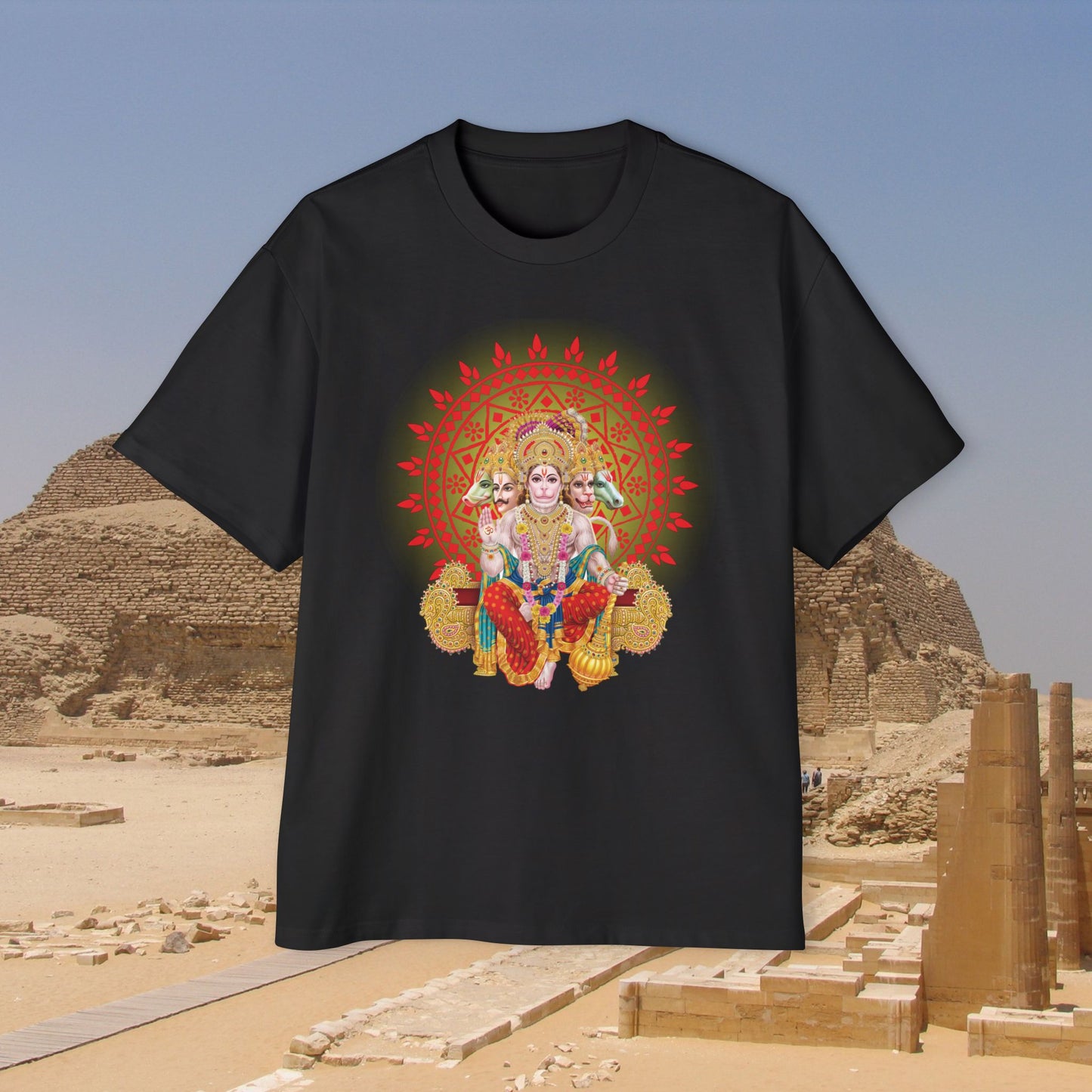 Front view of "Hanuman Ji" unisex oversized black T-shirt. Unique fashion tops - wear comfy, chic and cool with God and Religious graphic. Front and back printed - Oh Mine Words