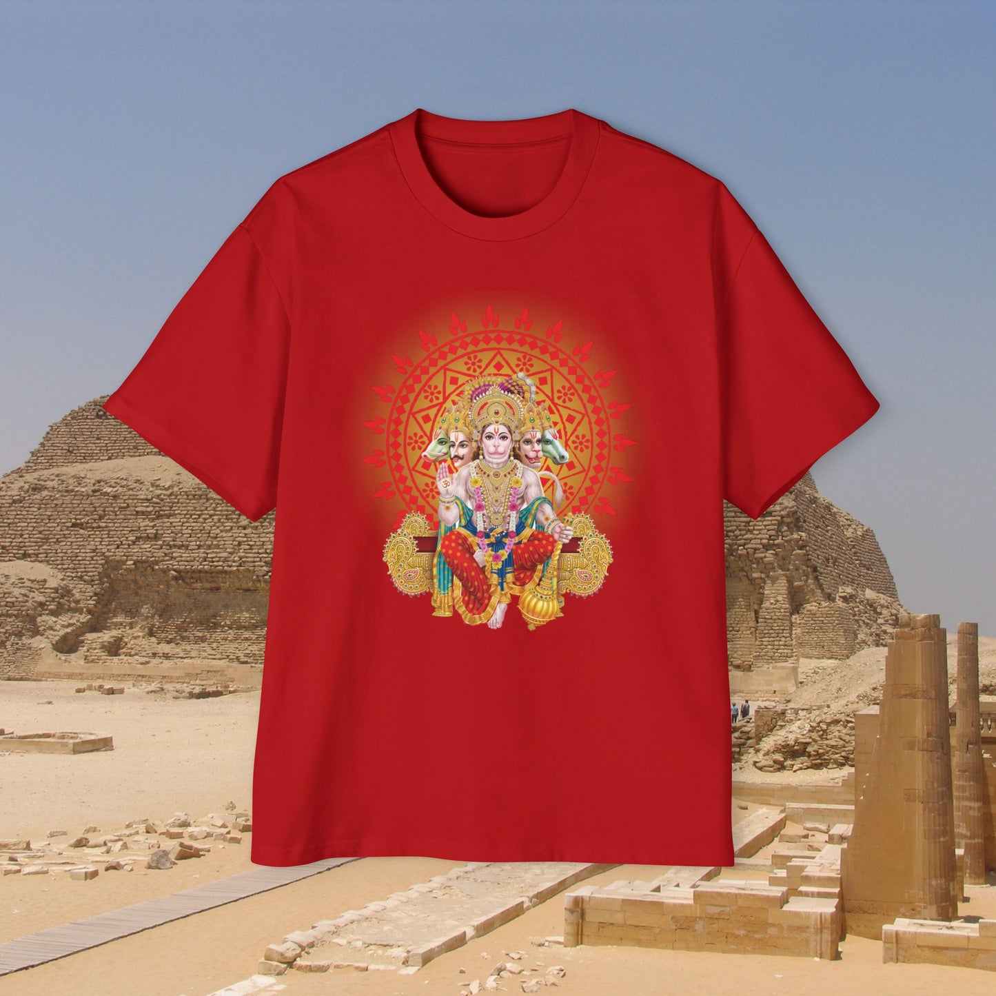 Front view of "Hanuman Ji" unisex oversized red T-shirt. Unique fashion tops - wear comfy, chic and cool with God and Religious graphic. Front and back printed - Oh Mine Words