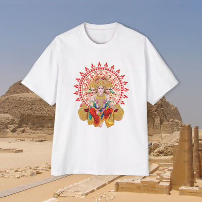 Front view of "Hanuman Ji" unisex oversized white T-shirt. Unique fashion tops - wear comfy, chic and cool with God and Religious graphic. Front and back printed - Oh Mine Words