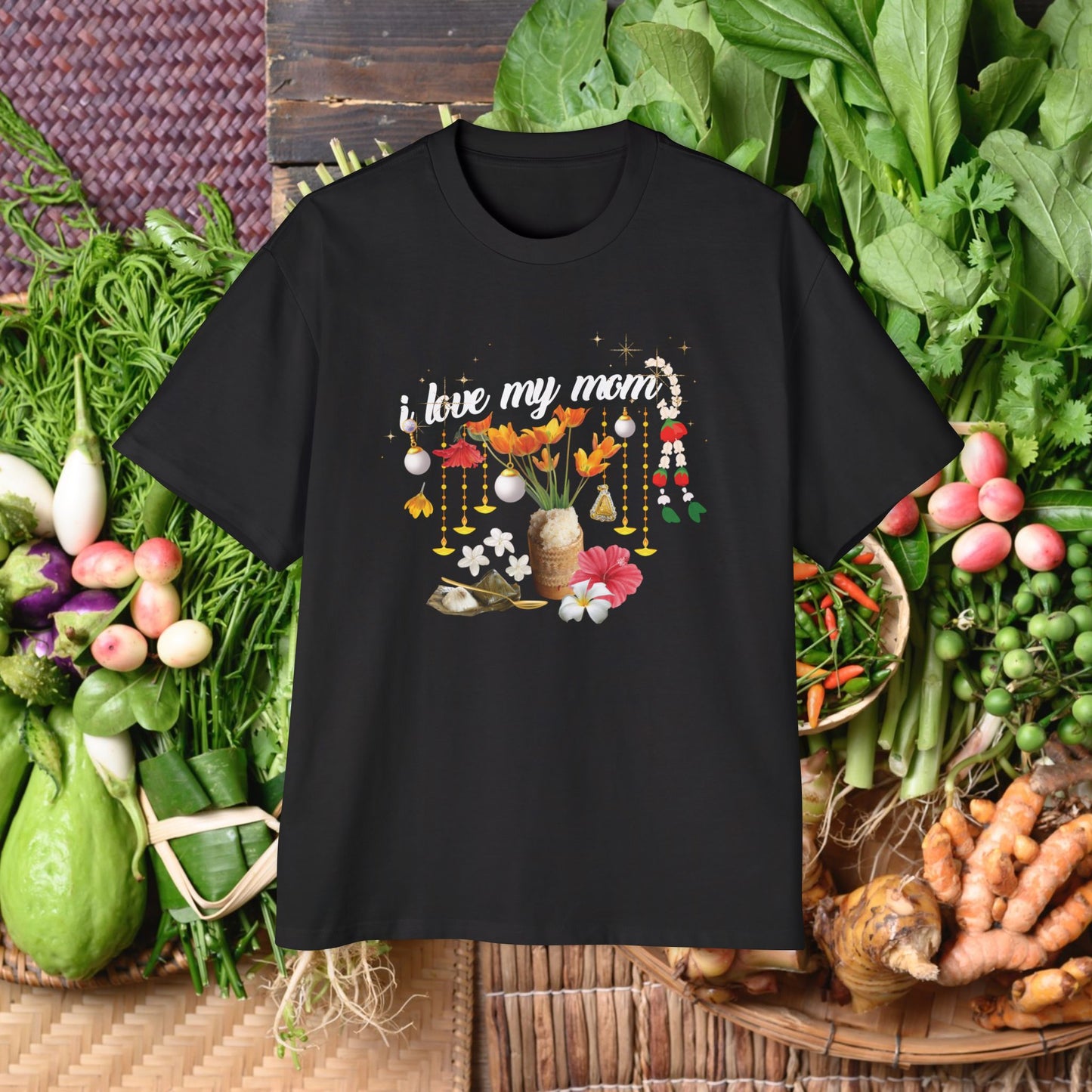 Front view of "Limited Edition "I Love My Mom" (Style-03) Oversized Tee" unisex black t-shirt - Unique fashion tops - Thai culture inspired, exotic design, standout, chic and cool. Perfect for everyday casual, summer and Mother's day. Front and back printed - Oh Mine Words