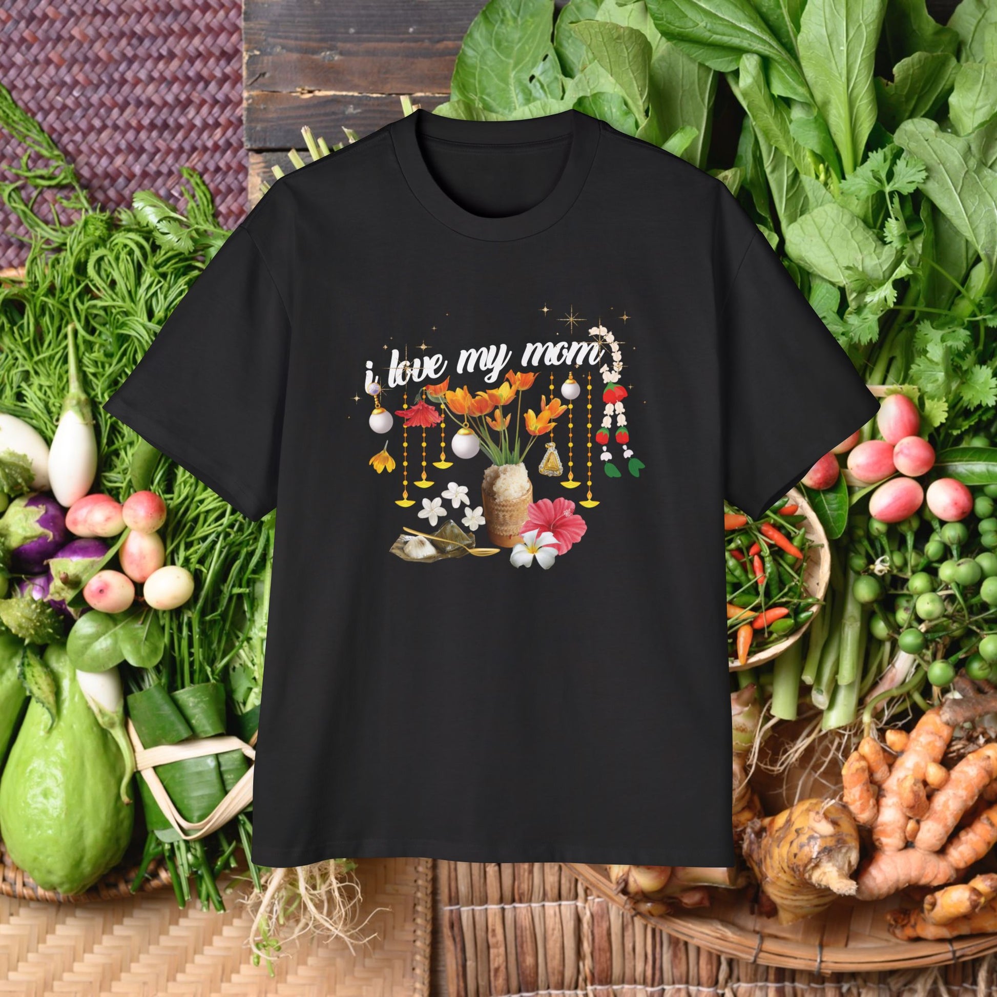 Front view of "Limited Edition "I Love My Mom" (Style-03) Oversized Tee" unisex black t-shirt - Unique fashion tops - Thai culture inspired, exotic design, standout, chic and cool. Perfect for everyday casual, summer and Mother's day. Front and back printed - Oh Mine Words