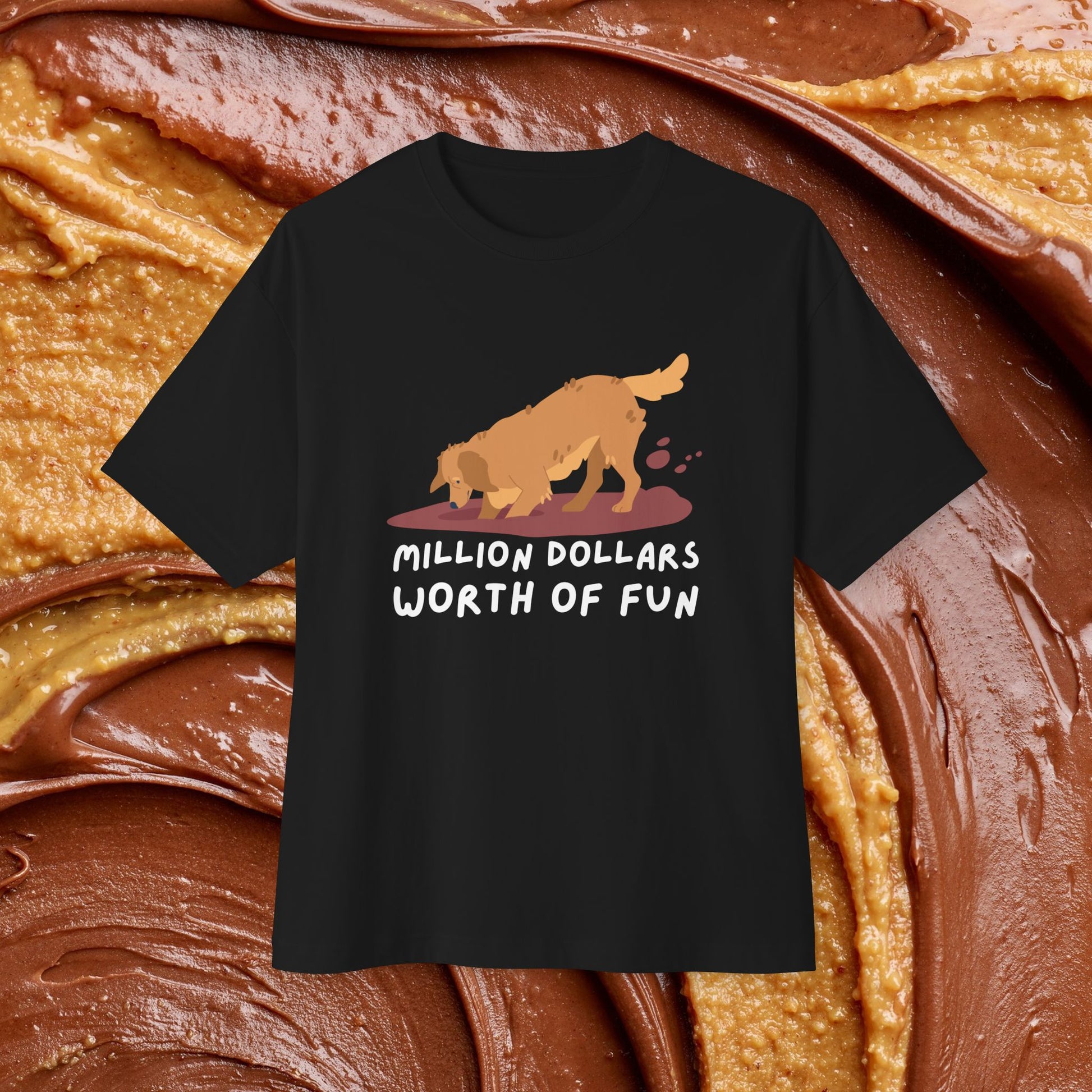 Front view of "Million Dollars Worth of Fun" Unisex Oversized Black Tee. Unique fashion tops - comfy, graphic, funny quote t-shirt for dog lover. Front and back printed - Oh Mine Words