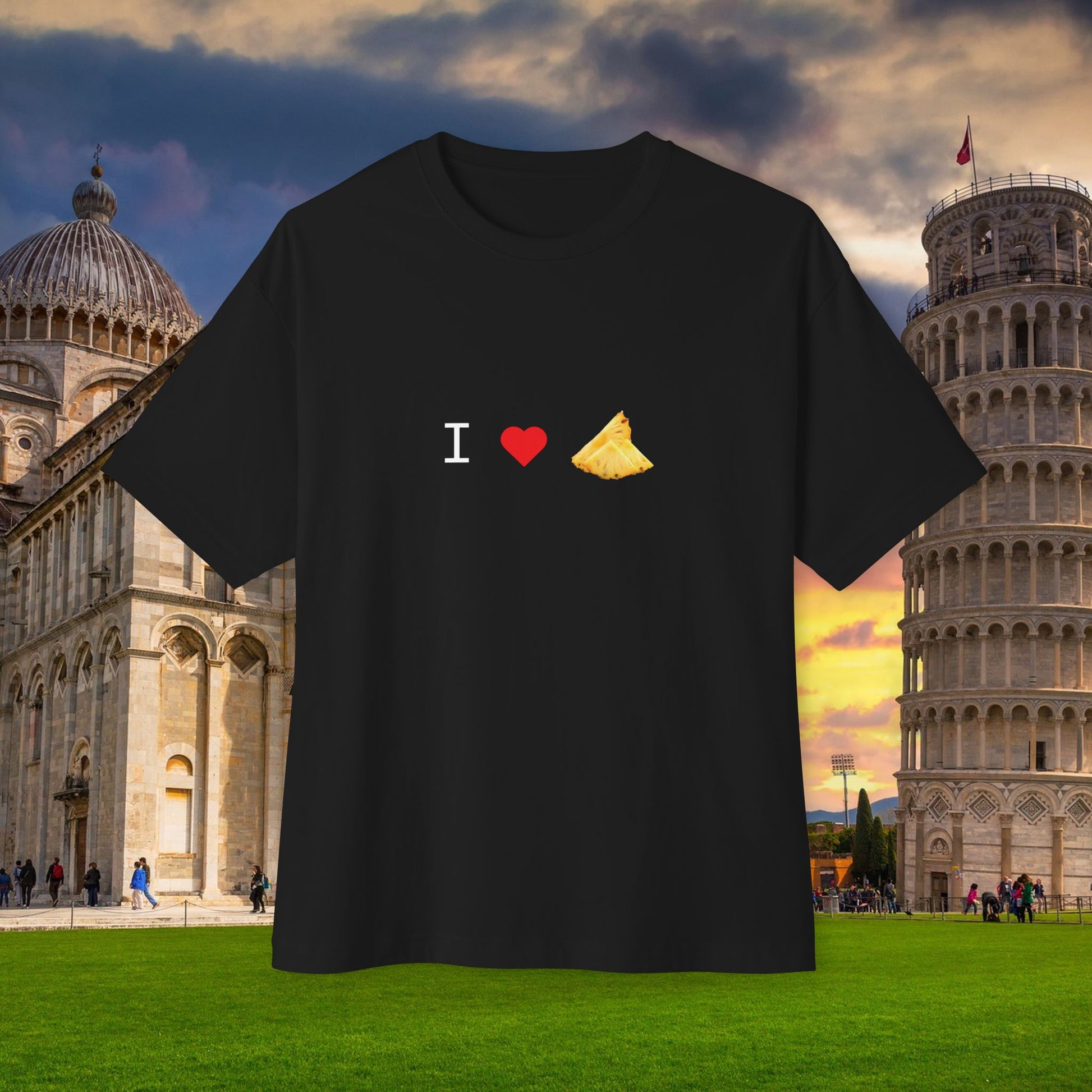 Front view of "Not Suitable for Italian" T-shirt style-02 - unisex oversized black tee. Unique fashion tops. Funny quote - chill, casual, foodie, pizza, pineapple. Front and back printed - Oh Mine Words