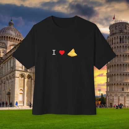 Front view of "Not Suitable for Italian" T-shirt style-02 - unisex oversized black tee. Unique fashion tops. Funny quote - chill, casual, foodie, pizza, pineapple. Front and back printed - Oh Mine Words