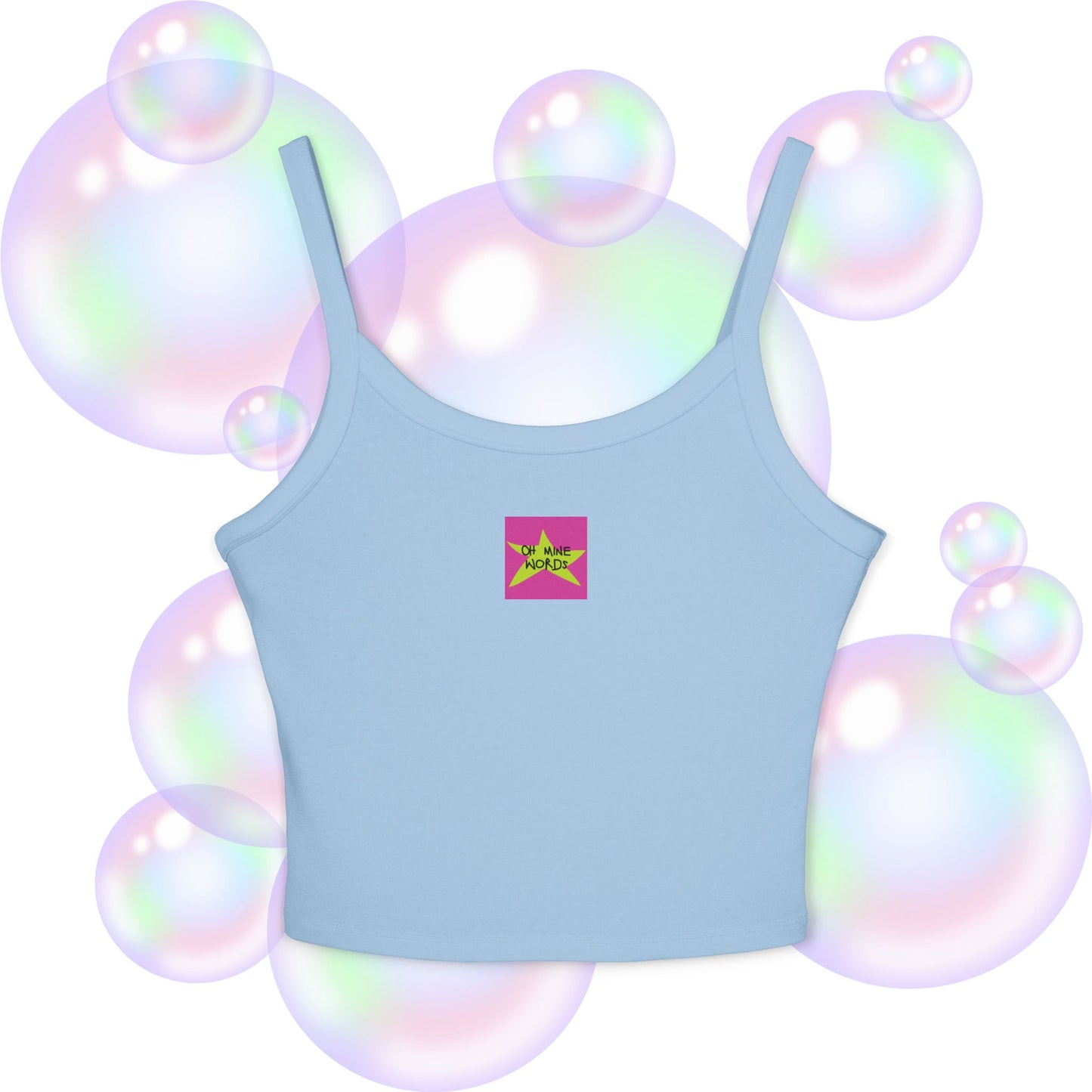Front view of OMW Spaghetti Strap shade Solid Baby Blue Blend - OMW OG! Collection - Oh Mine Words Branding Apparel - Unique fashion tops - Star design perfect for everyone-everywhere/ casual, cool, chic, chill and summer.