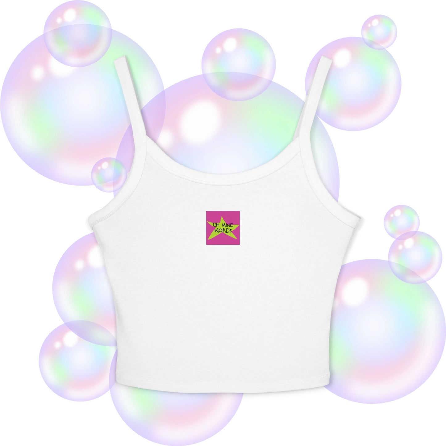 Front view of OMW Spaghetti Strap shade Solid White Blend - OMW OG! Collection - Oh Mine Words Branding Apparel - Unique fashion tops - Star design perfect for everyone-everywhere/ casual, cool, chic, chill and summer.