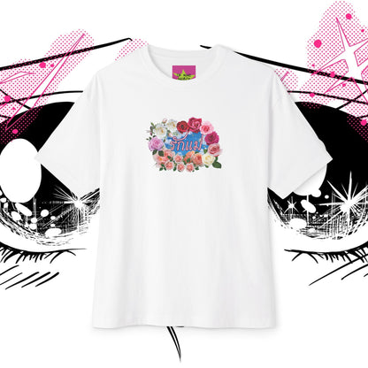 Front view of Unisex oversized "รักแม่ (วงกุหลาบ) - Love Mom (Roses Circle)" white t-shirt - Mother's day - Unique Fashion Tops - Rose graphic, Thai-twist, front and back print - Oh Mine Word.