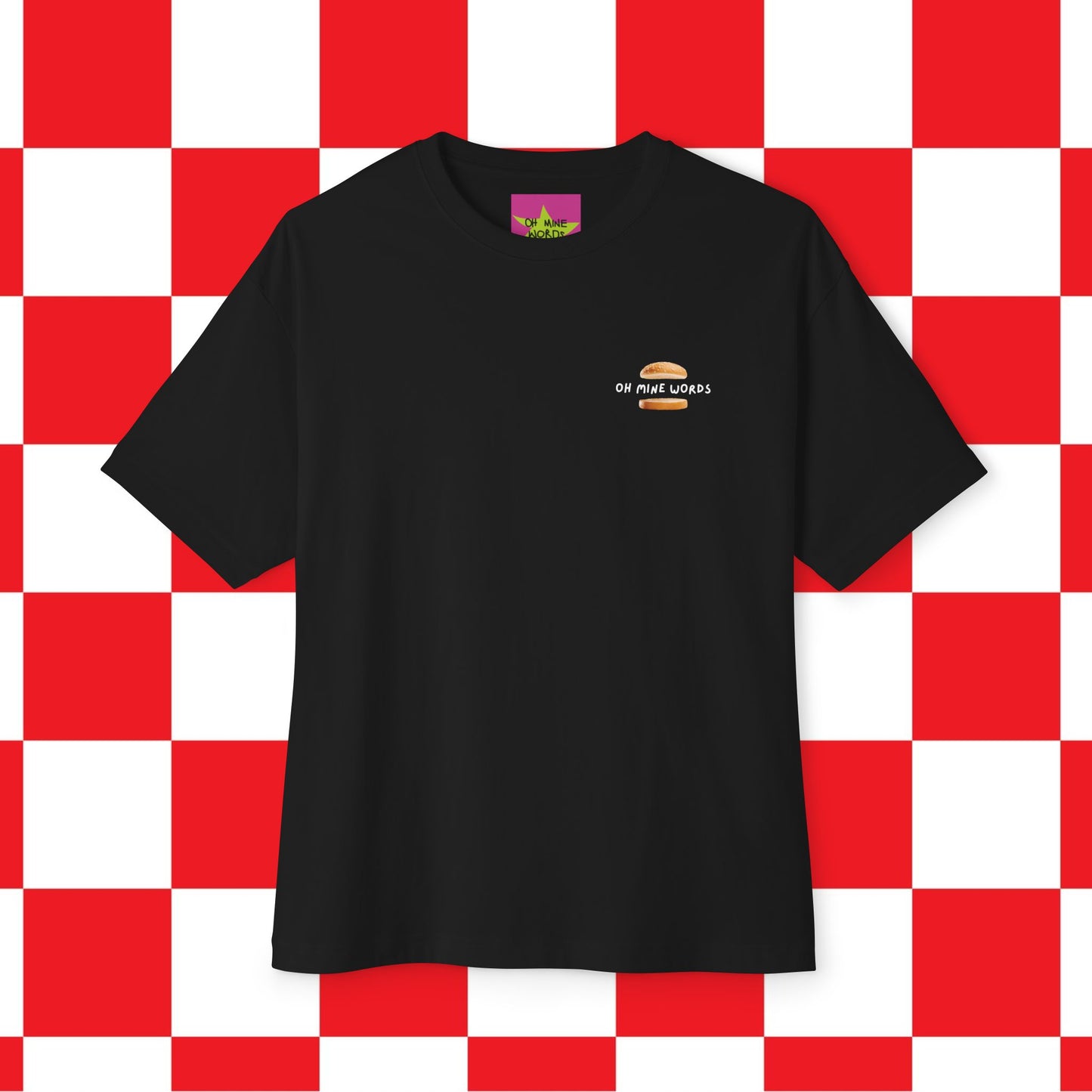 Front view of unisex oversized "A Burger A Day Keep A Sadness Away" black t-shirt - unique fashion tops - funny quote, buns, burger, foodie, comfortable, front and back print - Oh Mine Words.