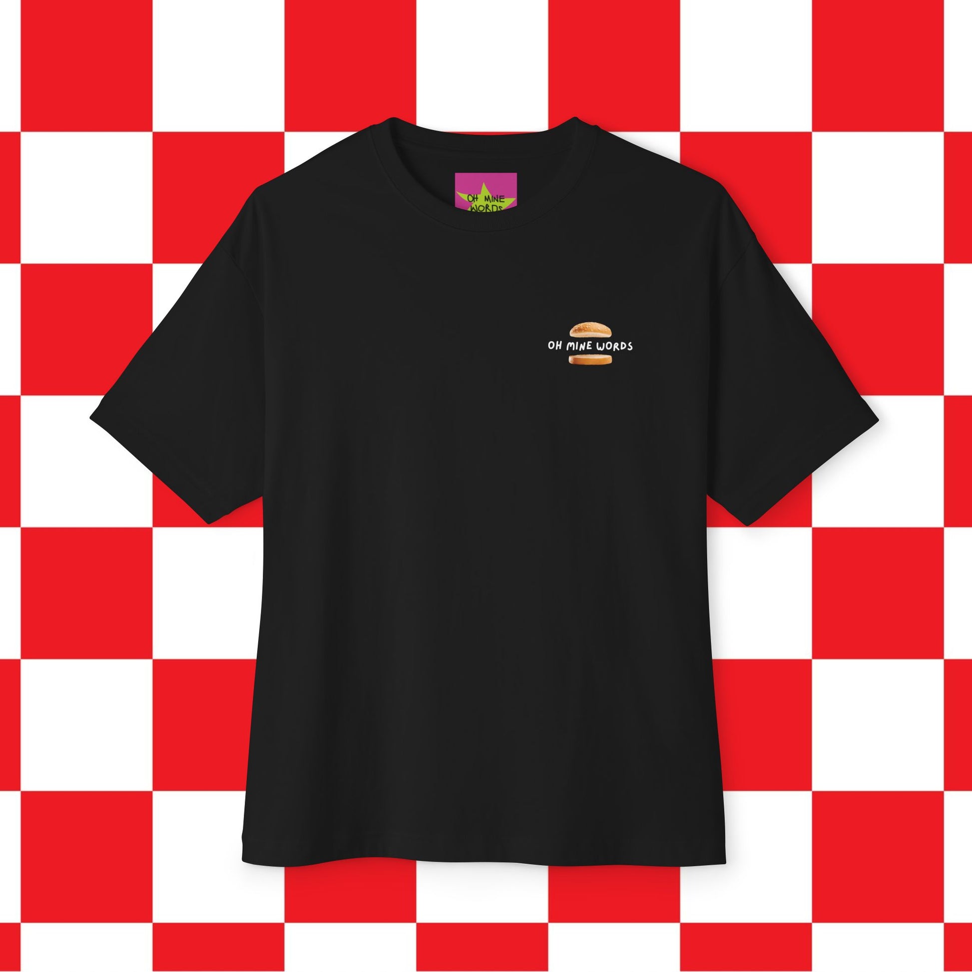 Front view of unisex oversized "A Burger A Day Keep A Sadness Away" black t-shirt - unique fashion tops - funny quote, buns, burger, foodie, comfortable, front and back print - Oh Mine Words.