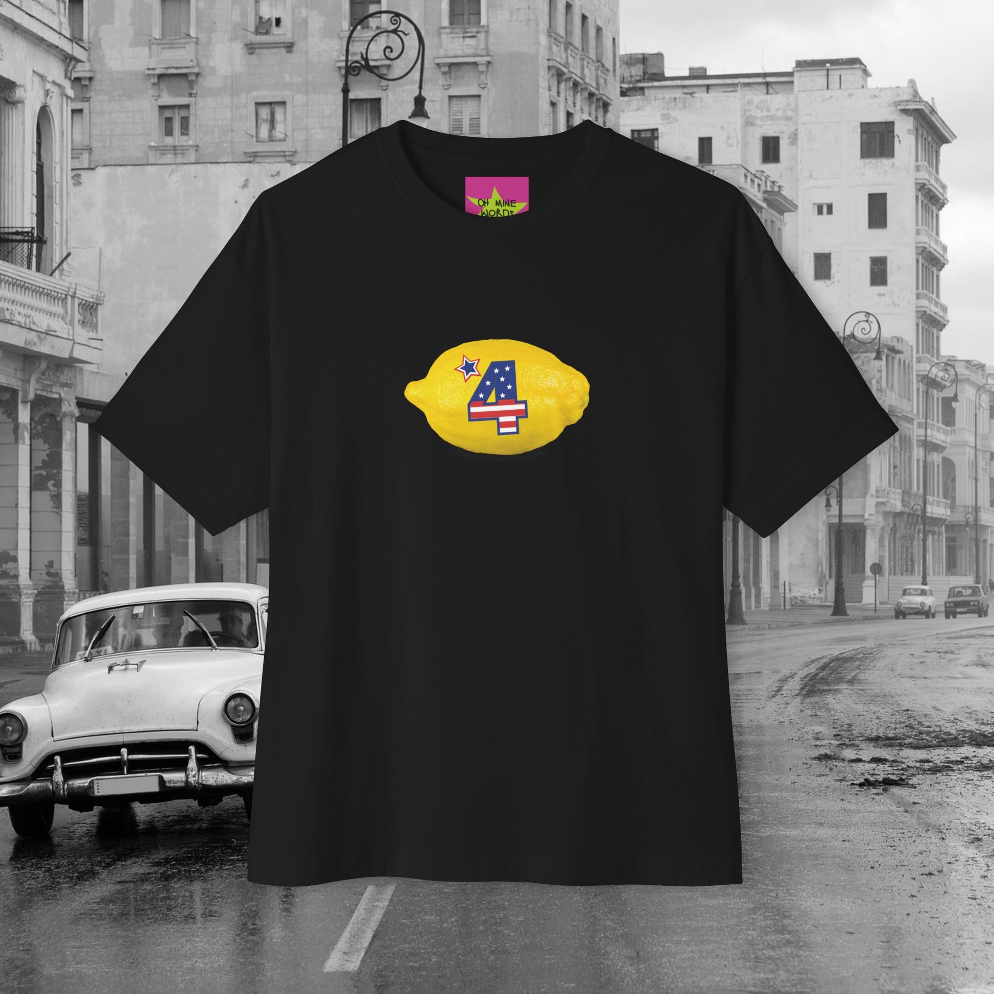 Front view of unisex oversized black "The Fourth" T-shirt for American's 4th of July - Streetwear, Chic, Cool, Unique fashion tops - Front and Back print - Oh Mine Words