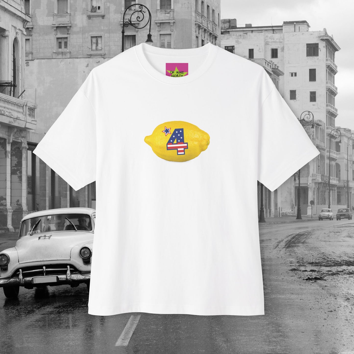 Front view of unisex oversized white "The Fourth" T-shirt for American's 4th of July - Streetwear, Chic, Cool, Unique fashion tops - Front and Back print - Oh Mine Words
