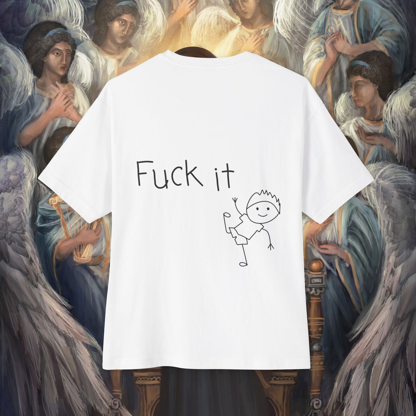 Fuck it, Words Expressed and Funny Tee - Unisex Oversized White T-shirt at back view – Unique Fashion Tops – Cool and Fun Design, Comfortable, Perfect for Teens and Adults. Front and Back Print – Oh Mine Words