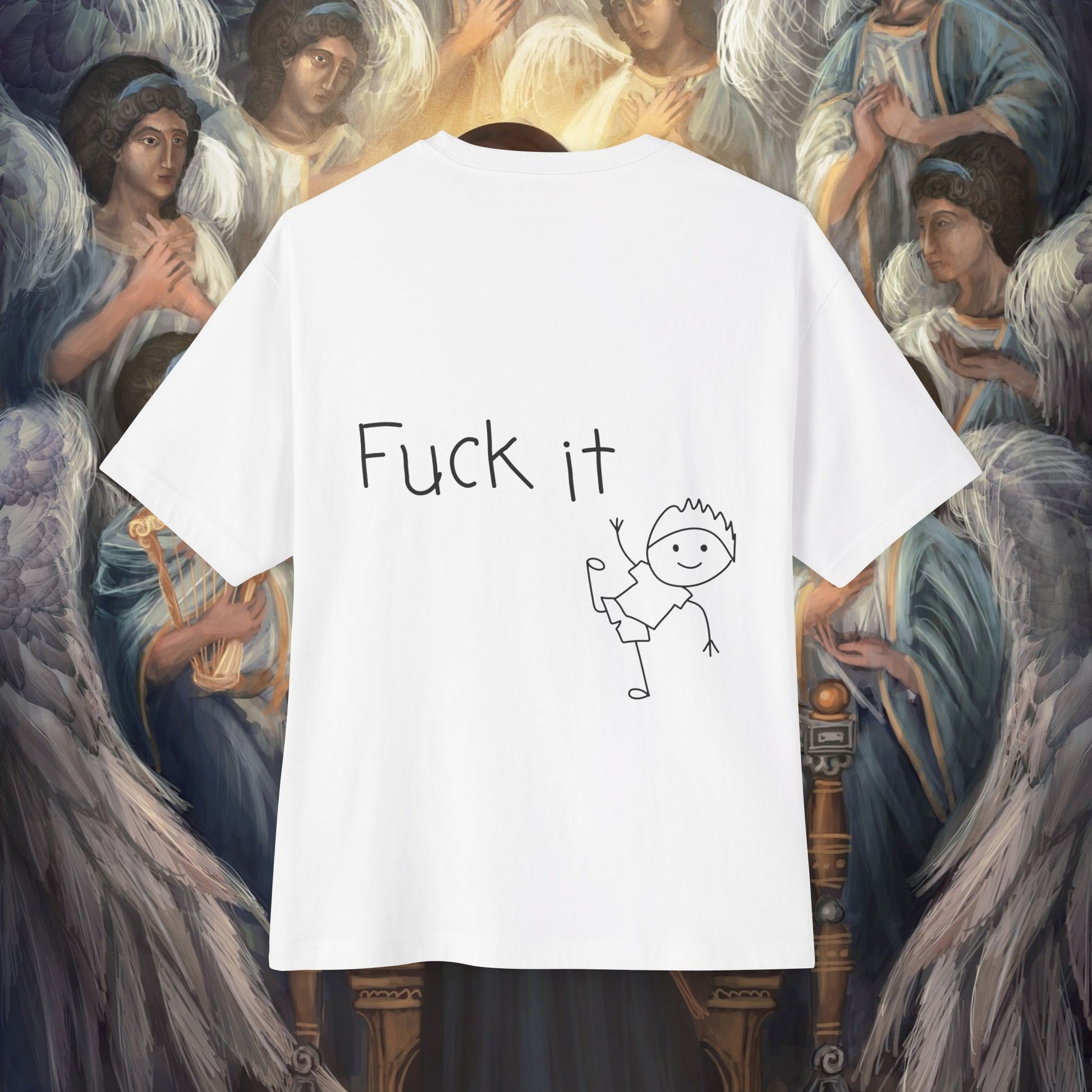 Fuck it, Words Expressed and Funny Tee - Unisex Oversized White T-shirt at back view – Unique Fashion Tops – Cool and Fun Design, Comfortable, Perfect for Teens and Adults. Front and Back Print – Oh Mine Words