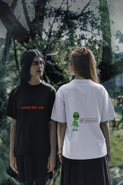 Right women wearing I'm Not a Robot (003) Oversized Boxy Tee at back view - comfy unisex white t-shirt. Unique fashion tops, funny, standout, chic and cool with Alien Pixel Art design. Perfect for teenage. Front and back printed - Oh Mine Words
