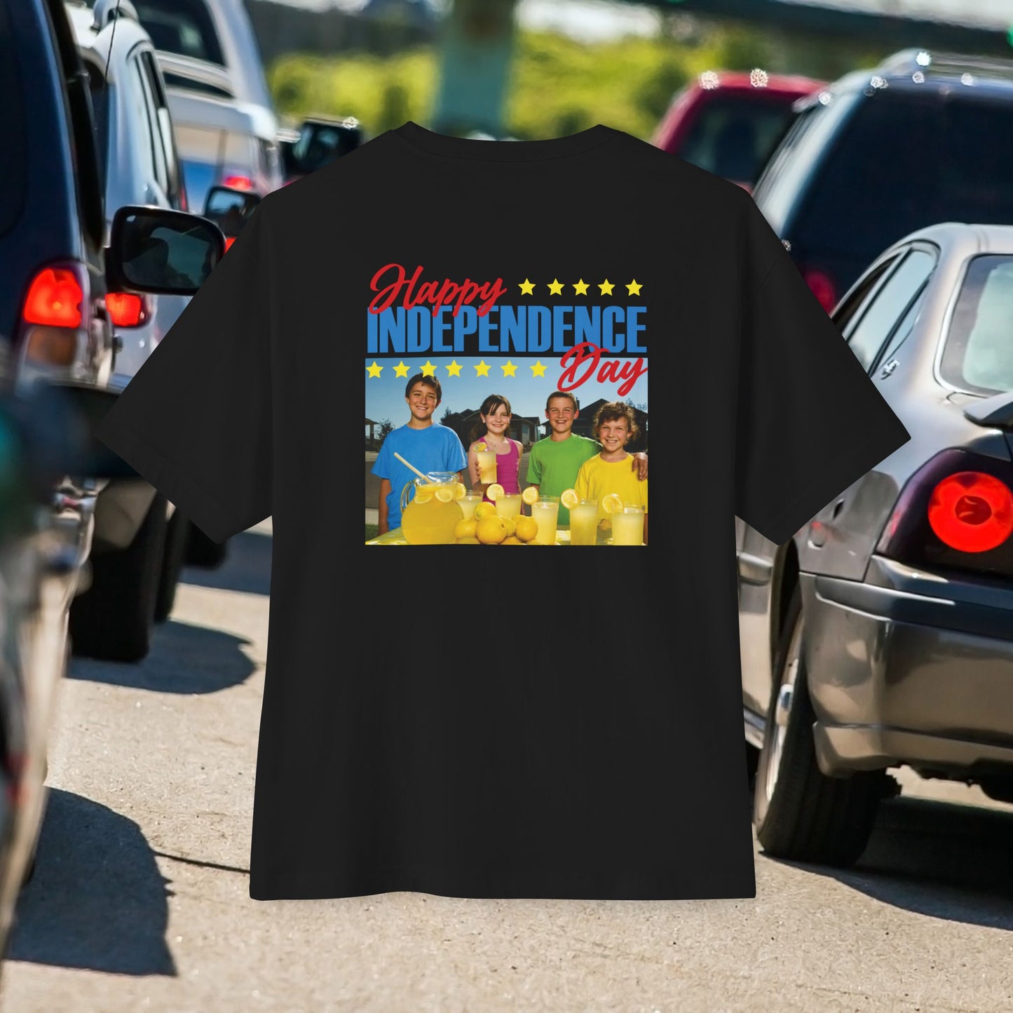 The Kids & Their Lemonade (Happy Independence Day), Unisex Oversized Black T-shirt for 4th of July at back view – Unique Fashion Tops – Cool, Comfortable, Standout with Vintage Design. Front and Back Print – Oh Mine Words